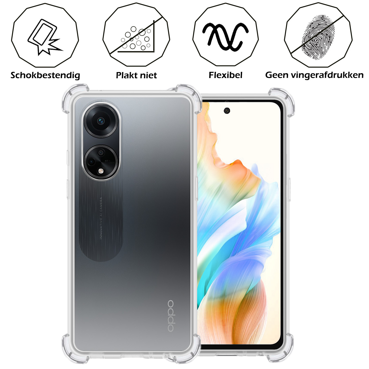 Nomfy Hoesje Geschikt voor OPPO A98 Hoesje Shock Proof Cover Case Shockproof Met 2x Screenprotector - Hoes Geschikt voor OPPO A98 Hoes Siliconen Back Case - Transparant