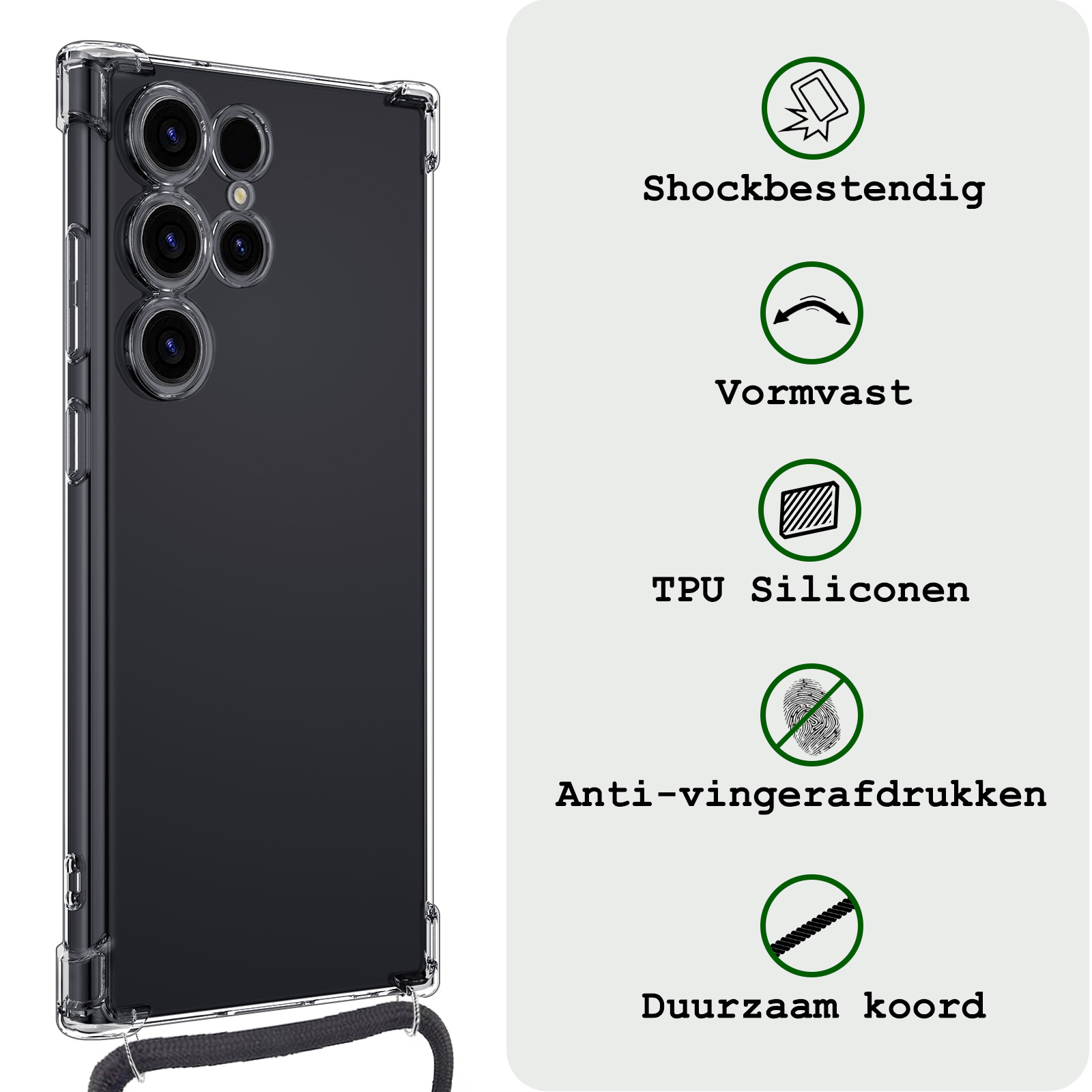 BASEY. Hoes Geschikt voor Samsung S24 Ultra Hoesje Shock Proof Case Met Koord Shock Hoes Met Koord - Hoesje Geschikt voor Samsung Galaxy S24 Ultra Hoes Cover Met Koord - Transparant