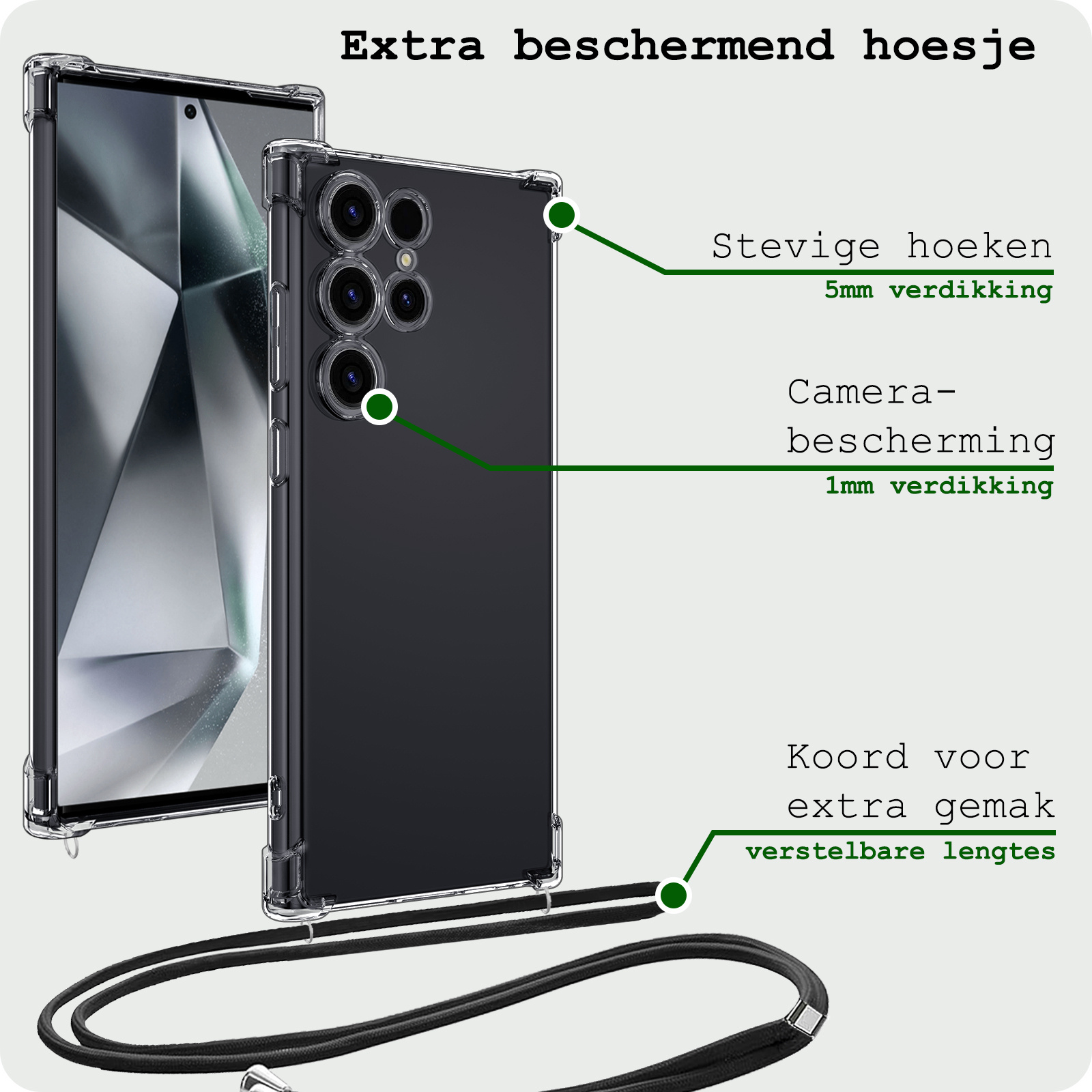 BASEY. Hoes Geschikt voor Samsung S24 Ultra Hoesje Shock Proof Case Met Koord Shock Hoes Met Koord - Hoesje Geschikt voor Samsung Galaxy S24 Ultra Hoes Cover Met Koord - Transparant