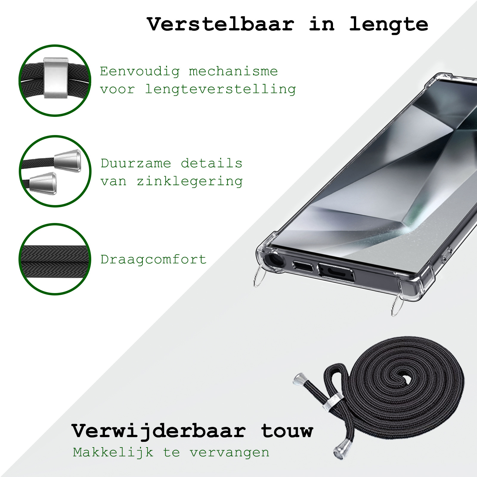 BASEY. Hoes Geschikt voor Samsung S24 Ultra Hoesje Shock Proof Case Met Koord Shock Hoes Met Koord - Hoesje Geschikt voor Samsung Galaxy S24 Ultra Hoes Cover Met Koord - Transparant