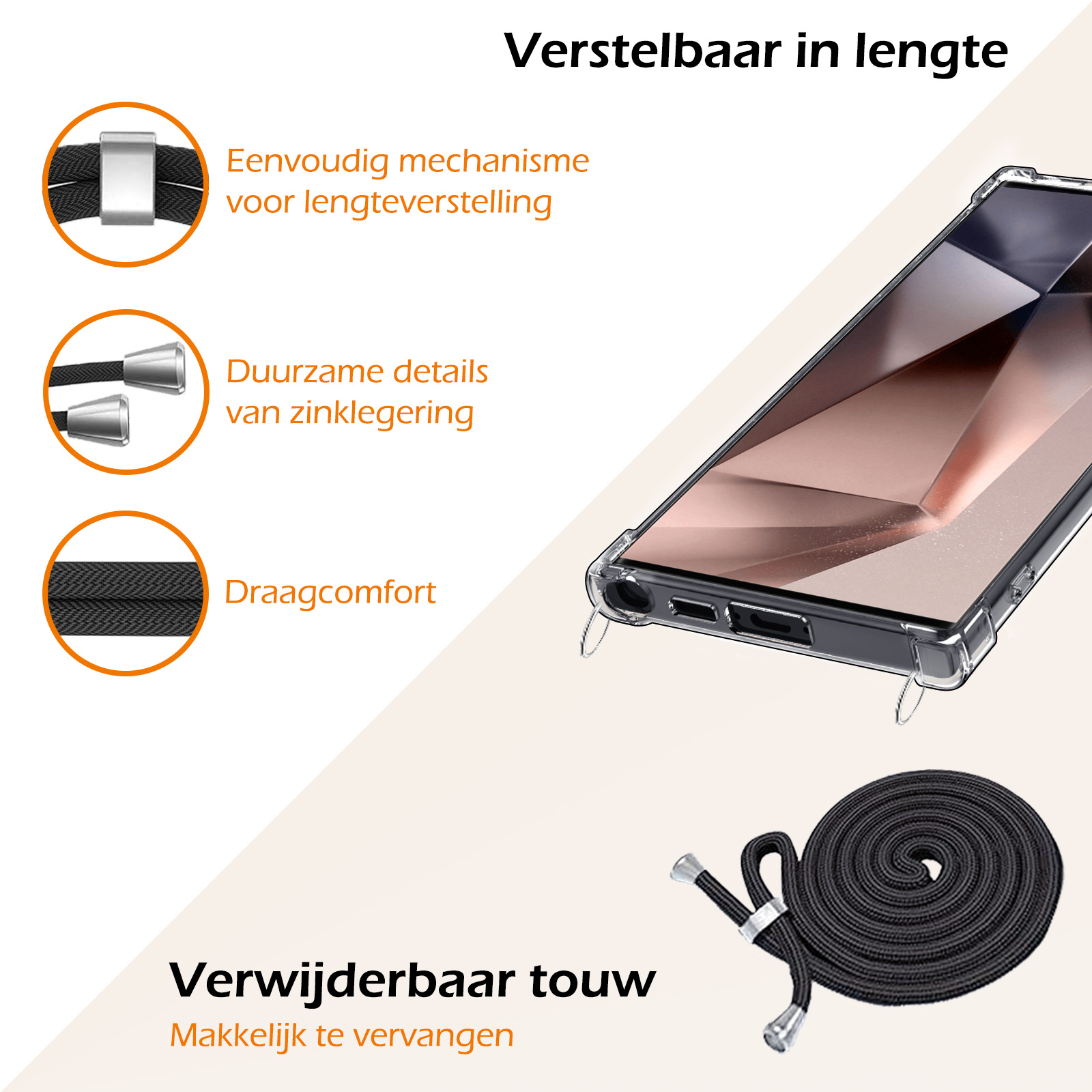 Nomfy Hoesje Geschikt voor Samsung S24 Ultra Hoesje Shock Proof Transparant Met Telefoonketting Case Shock Koord - Hoesje Geschikt voor Samsung Galaxy S24 Ultra Shock Proof Case Met Koord - Transparant