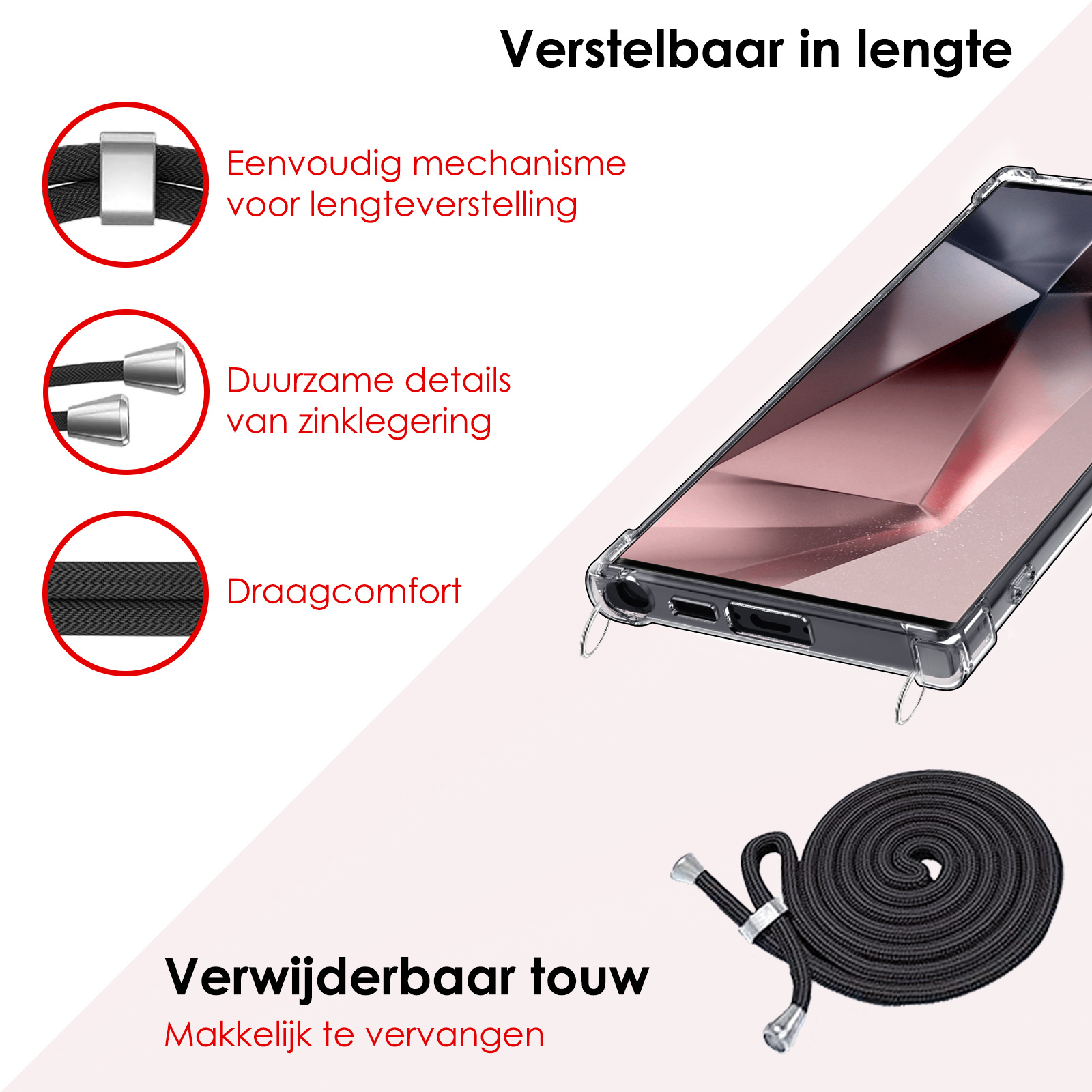 NoXx Hoes Geschikt voor Samsung S24 Ultra Hoesje Transparant Met Telefoonkoord Cover Shock Proof Case Koord Hoes