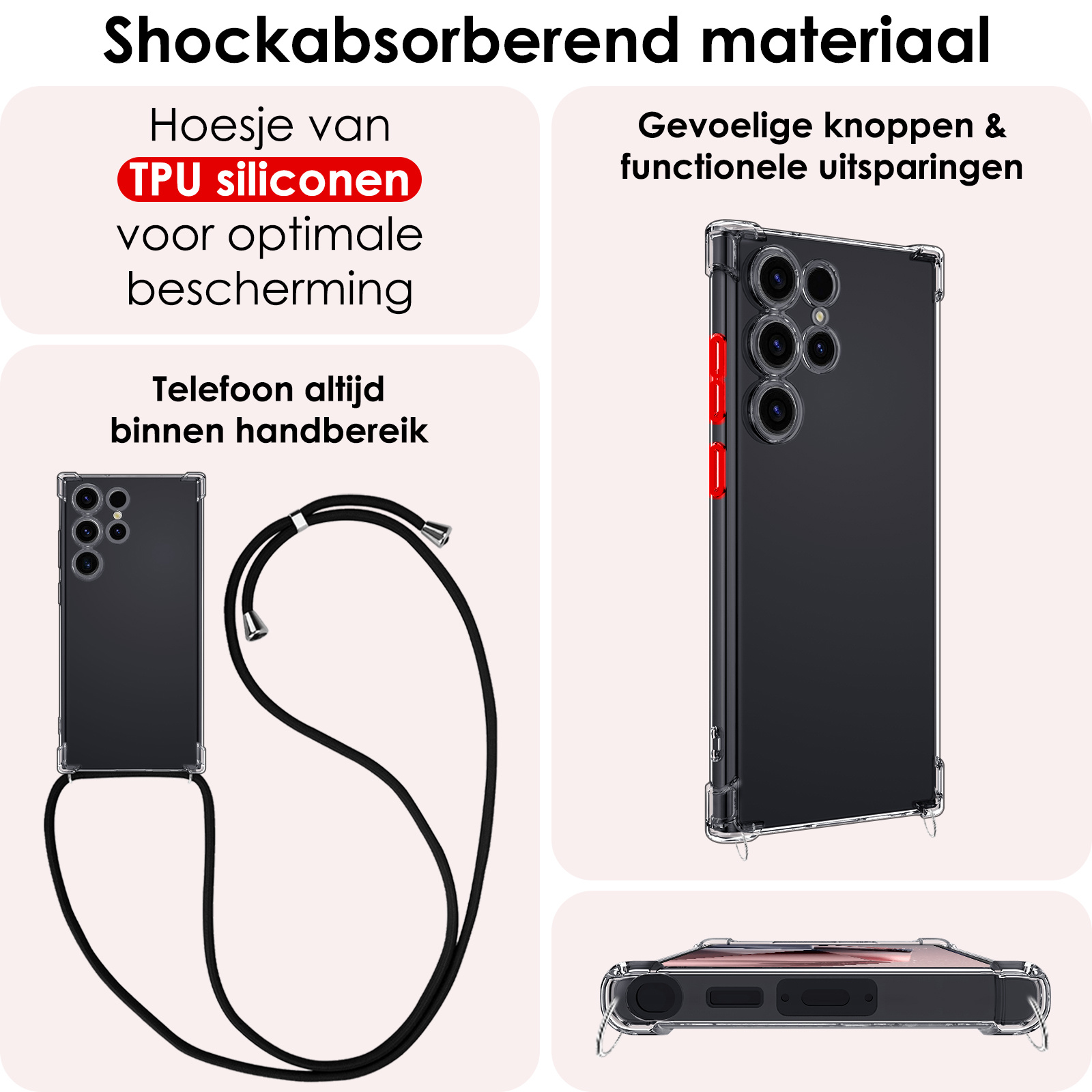 NoXx Hoes Geschikt voor Samsung S24 Ultra Hoesje Transparant Met Telefoonkoord Cover Shock Proof Case Koord Hoes