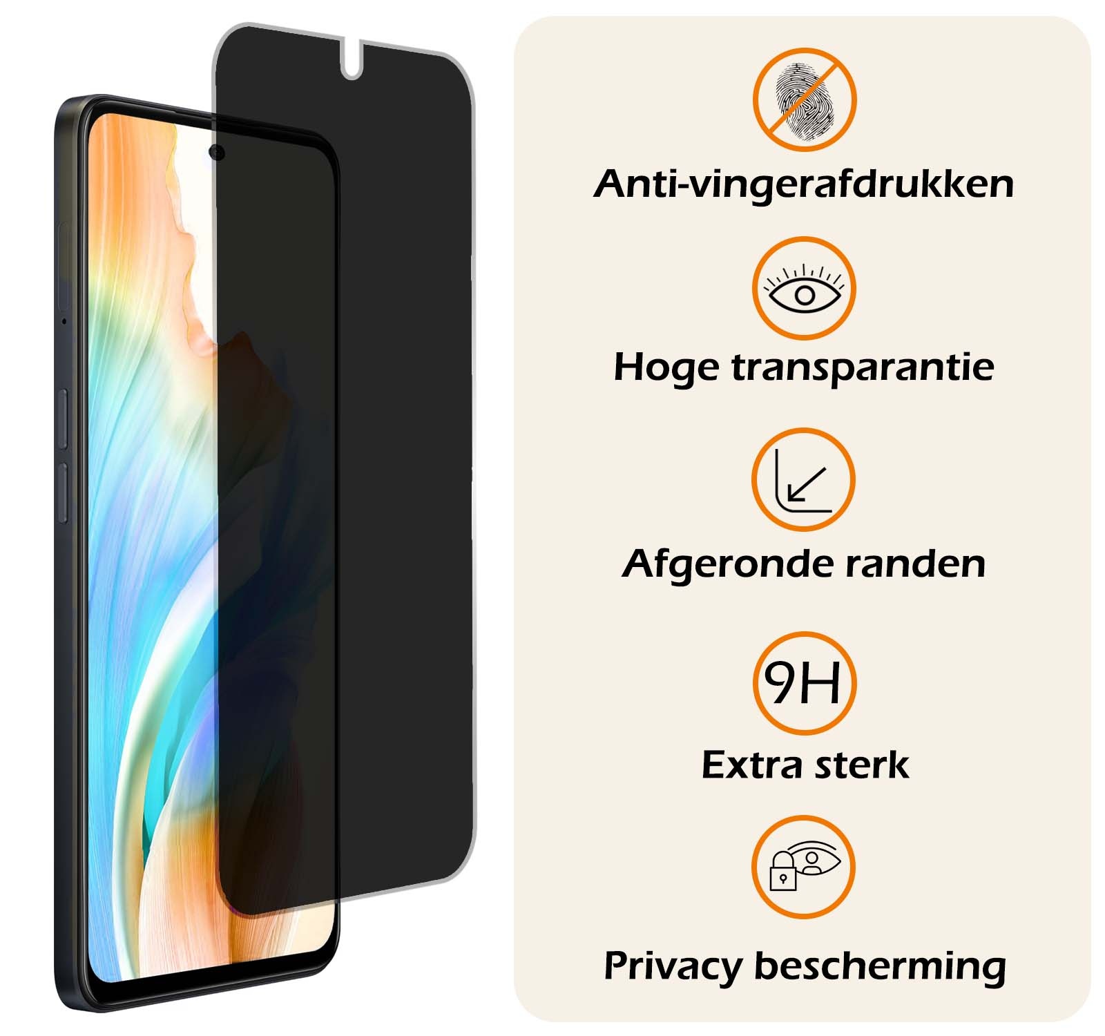 Nomfy Screenprotector Geschikt voor OPPO A58 Screenprotector Privacy Bescherm Glas - Screenprotector Geschikt voor OPPO A58 Privacy Screenprotector Tempered Glass