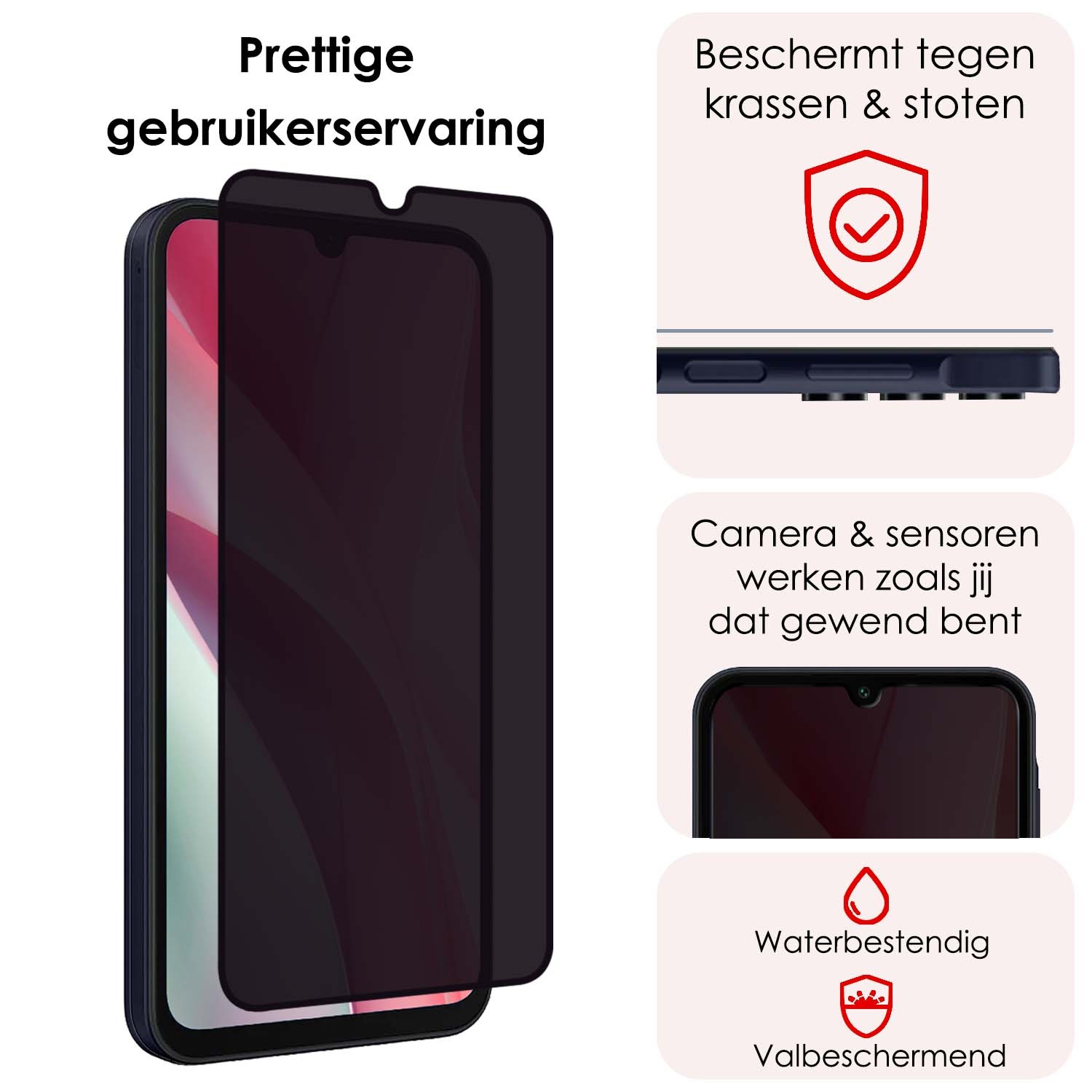 NoXx Screenprotector Geschikt voor Samsung A15 Screenprotector Privacy Tempered Glass Gehard Glas Display Cover