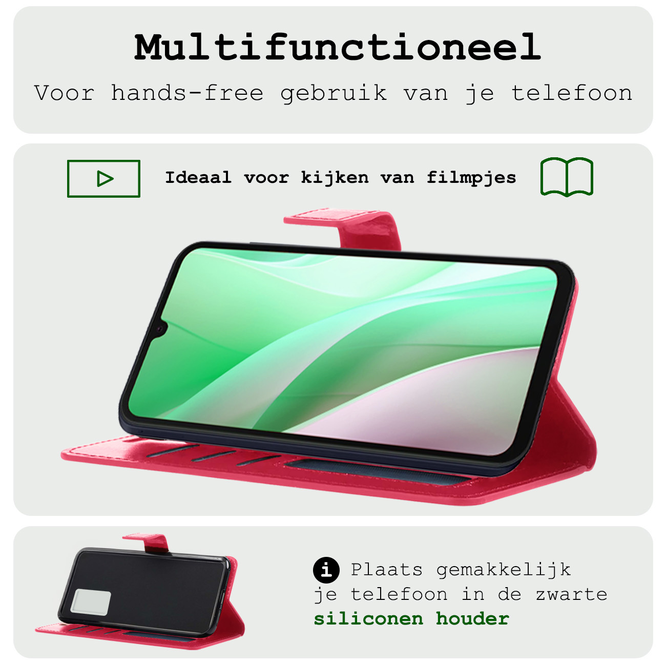 BASEY. Hoes Geschikt voor Samsung A15 Hoesje Bookcase Hoes Flip Case Book Cover - Hoesje Geschikt voor Samsung Galaxy A15 Hoes Book Case Hoesje - Donkerroze