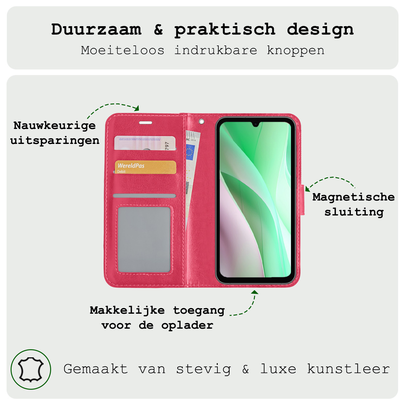 BASEY. Hoes Geschikt voor Samsung A15 Hoesje Bookcase Hoes Flip Case Book Cover - Hoesje Geschikt voor Samsung Galaxy A15 Hoes Book Case Hoesje - Donkerroze
