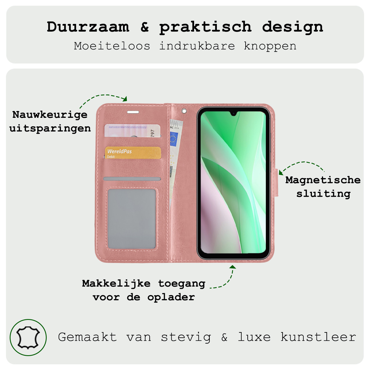 BASEY. Hoes Geschikt voor Samsung A15 Hoesje Bookcase Hoes Flip Case Book Cover - Hoesje Geschikt voor Samsung Galaxy A15 Hoes Book Case Hoesje - Rosé goud