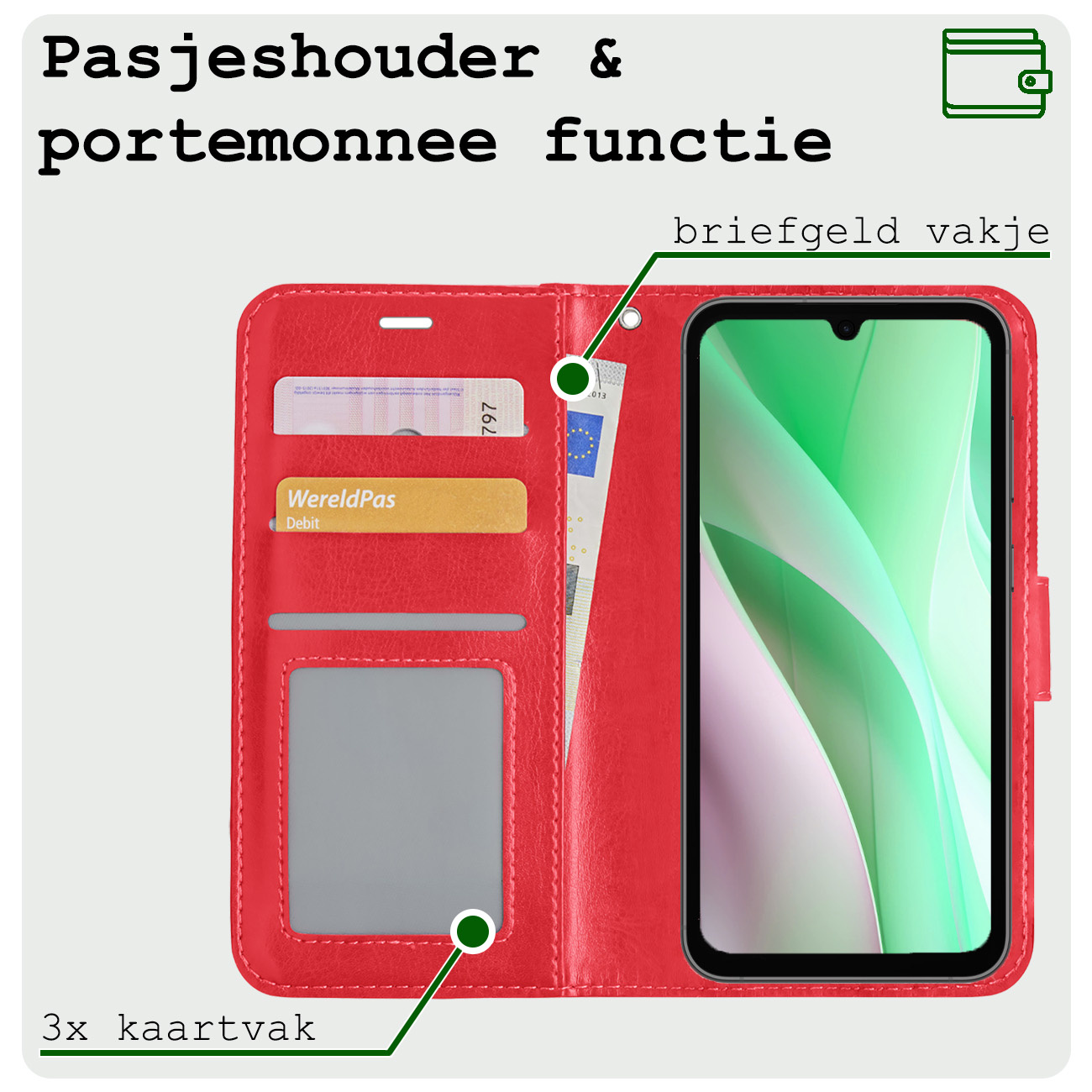 BASEY. Hoes Geschikt voor Samsung A15 Hoesje Bookcase Hoes Flip Case Book Cover - Hoesje Geschikt voor Samsung Galaxy A15 Hoes Book Case Hoesje - Rood