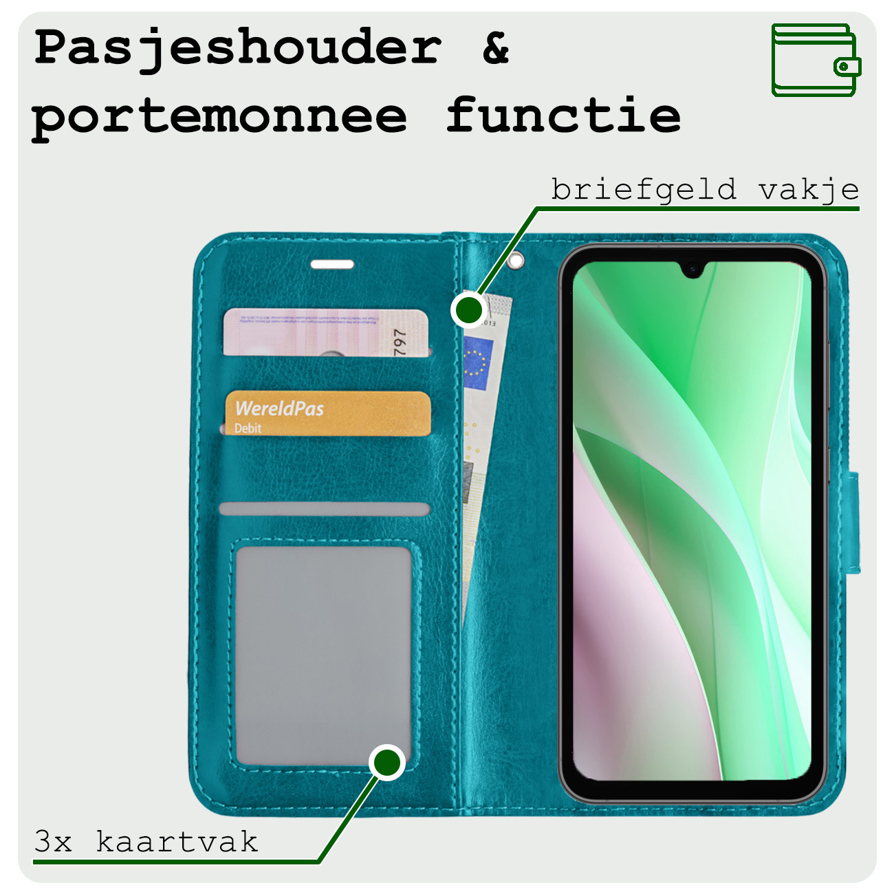 BASEY. Hoes Geschikt voor Samsung A15 Hoesje Bookcase Hoes Flip Case Book Cover - Hoesje Geschikt voor Samsung Galaxy A15 Hoes Book Case Hoesje - Turquoise
