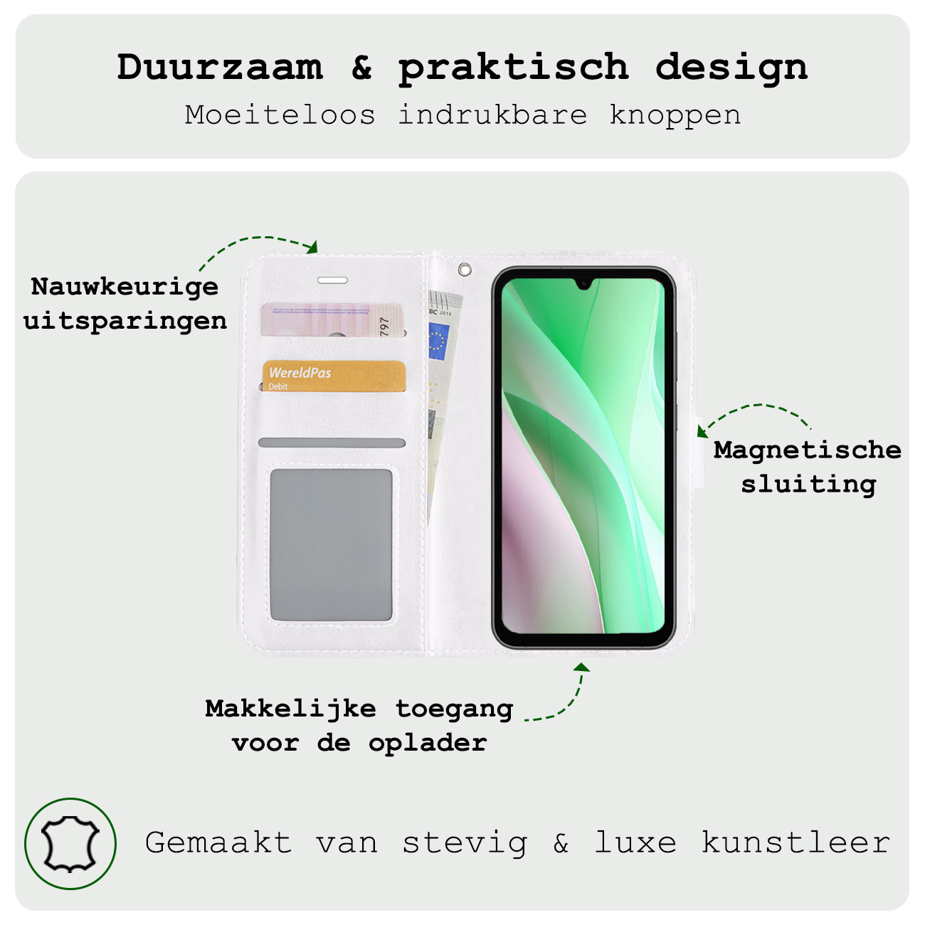 BASEY. Hoes Geschikt voor Samsung A15 Hoesje Bookcase Hoes Flip Case Book Cover - Hoesje Geschikt voor Samsung Galaxy A15 Hoes Book Case Hoesje - Wit