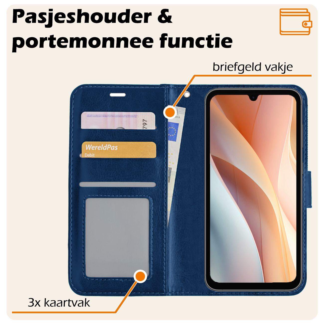 Nomfy Hoesje Geschikt voor Samsung A15 Hoes Bookcase Flipcase Book Cover - Hoes Geschikt voor Samsung Galaxy A15 Hoesje Book Case - Donkerblauw