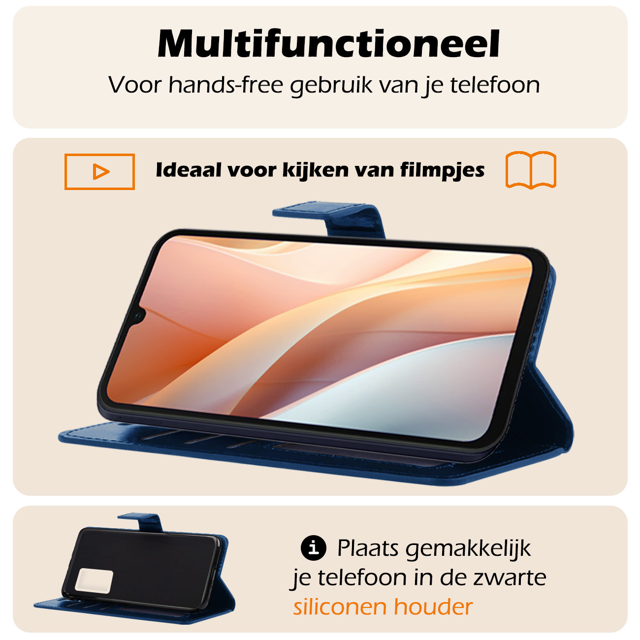 Nomfy Hoesje Geschikt voor Samsung A15 Hoes Bookcase Flipcase Book Cover - Hoes Geschikt voor Samsung Galaxy A15 Hoesje Book Case - Donkerblauw