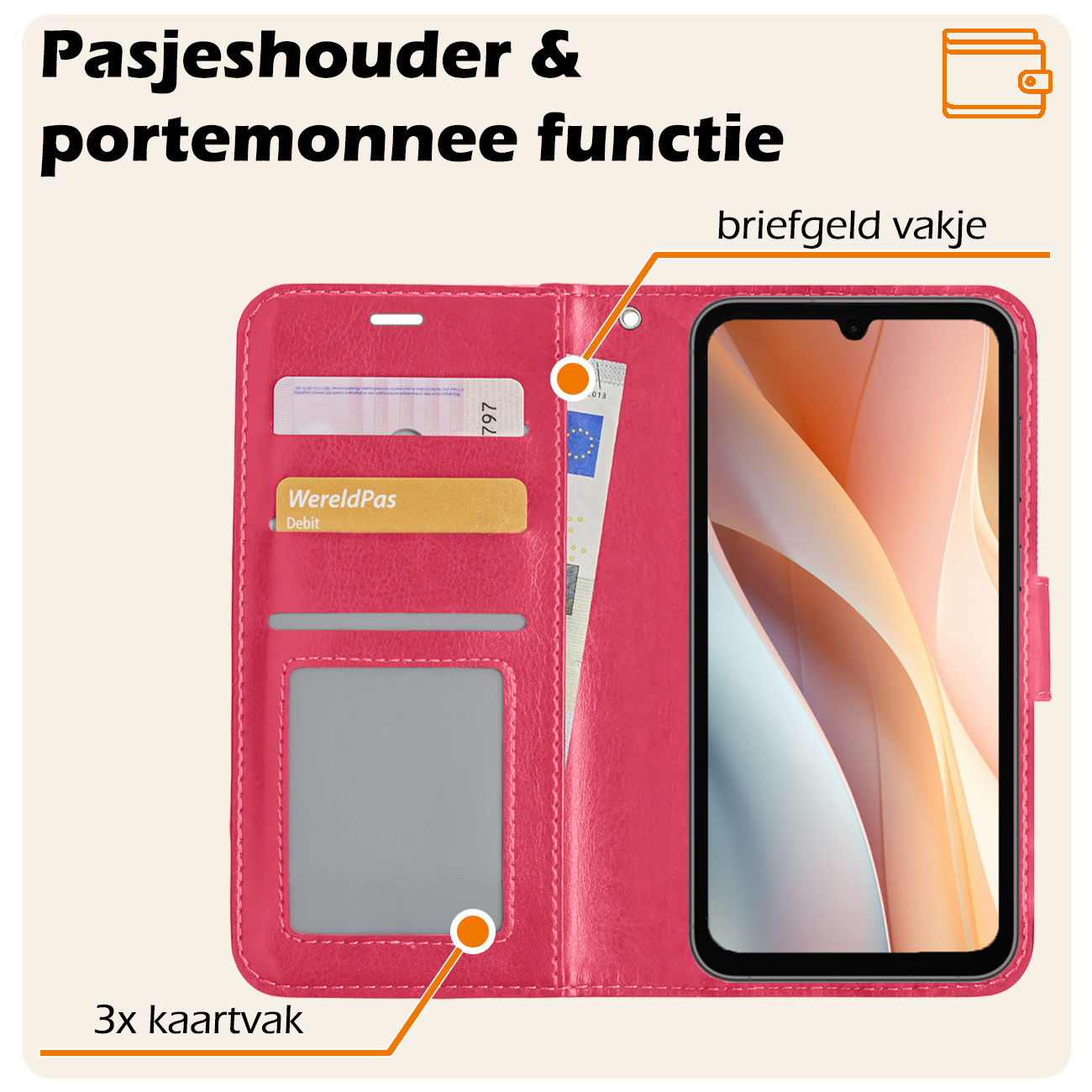 Nomfy Hoesje Geschikt voor Samsung A15 Hoes Bookcase Flipcase Book Cover - Hoes Geschikt voor Samsung Galaxy A15 Hoesje Book Case - Donkerroze