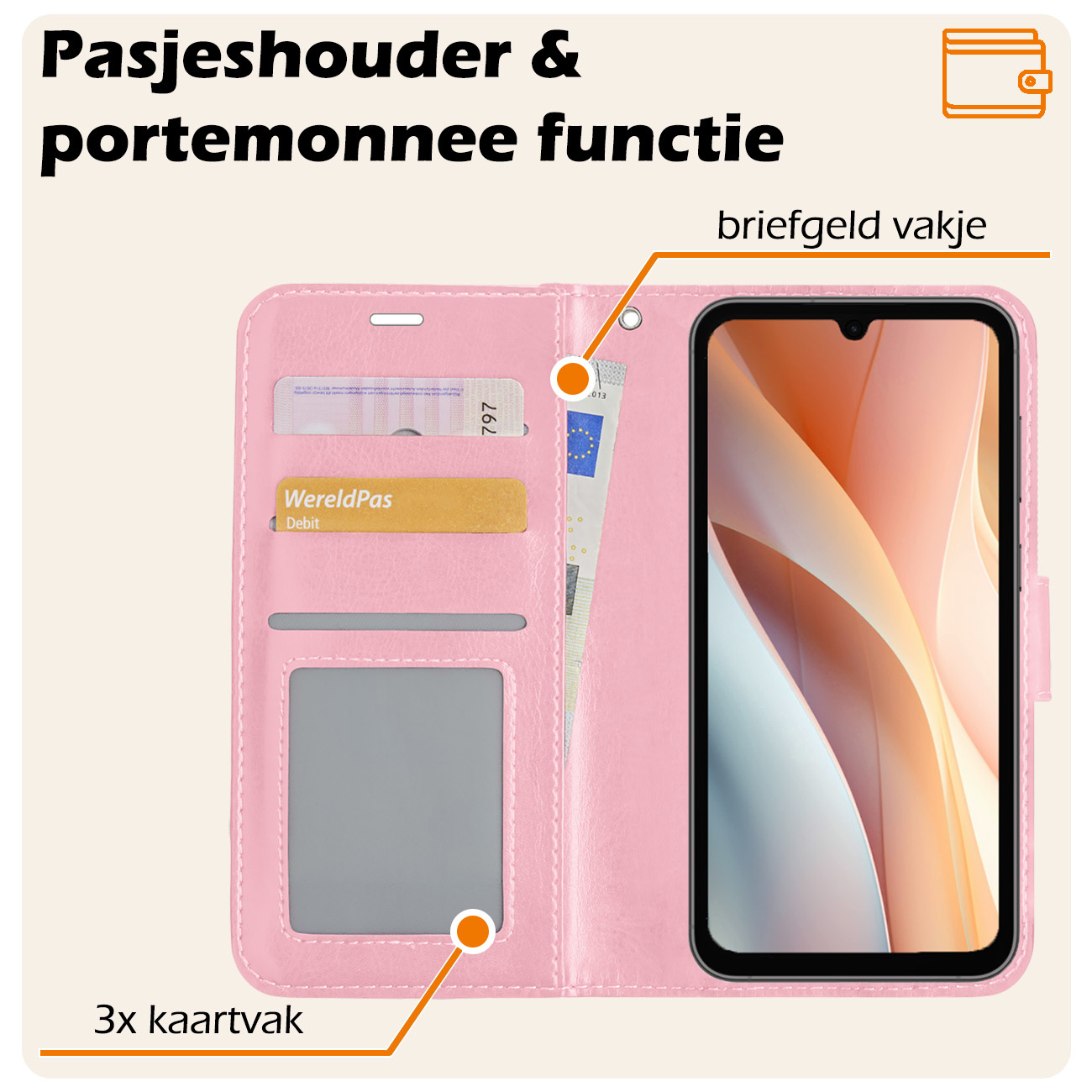 Nomfy Hoesje Geschikt voor Samsung A15 Hoes Bookcase Flipcase Book Cover - Hoes Geschikt voor Samsung Galaxy A15 Hoesje Book Case - Lichtroze