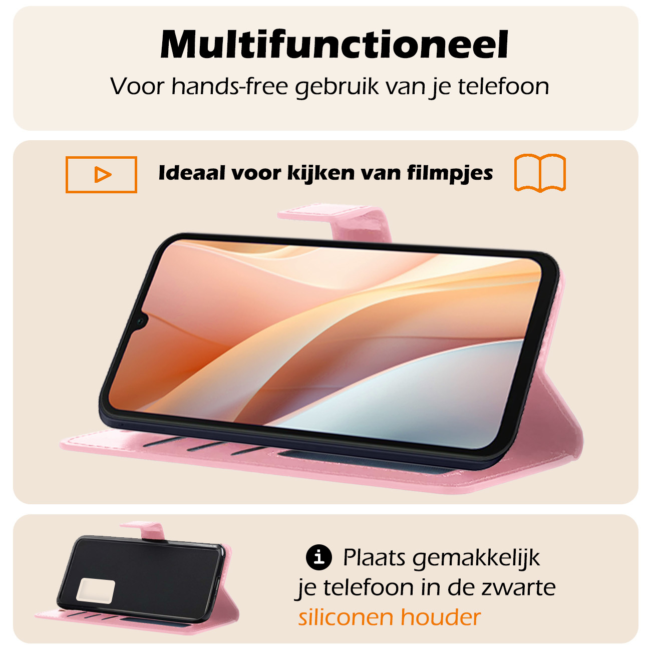 Nomfy Hoesje Geschikt voor Samsung A15 Hoes Bookcase Flipcase Book Cover - Hoes Geschikt voor Samsung Galaxy A15 Hoesje Book Case - Lichtroze