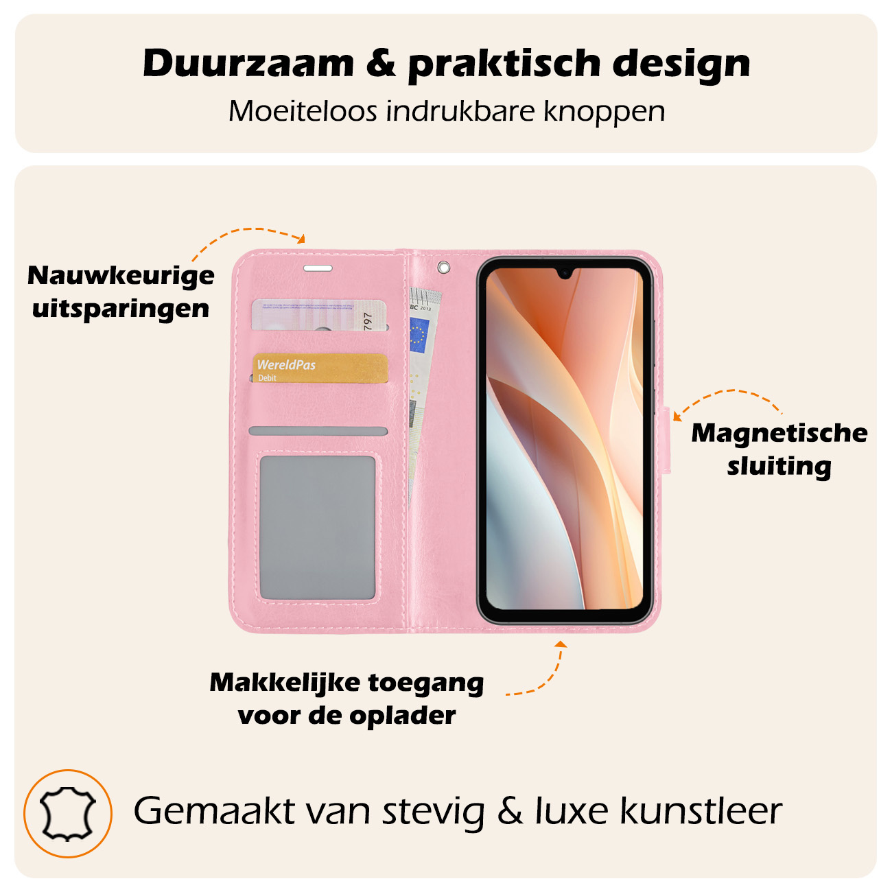 Nomfy Hoesje Geschikt voor Samsung A15 Hoes Bookcase Flipcase Book Cover - Hoes Geschikt voor Samsung Galaxy A15 Hoesje Book Case - Lichtroze