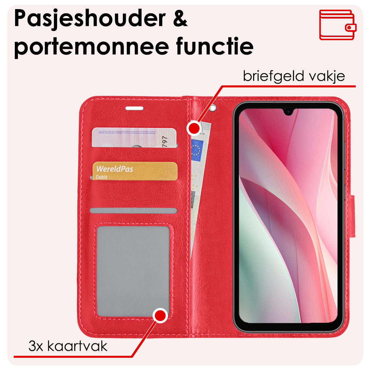 NoXx Hoes Geschikt voor Samsung A15 Hoesje Book Case Hoes Flip Cover Wallet Bookcase - Rood