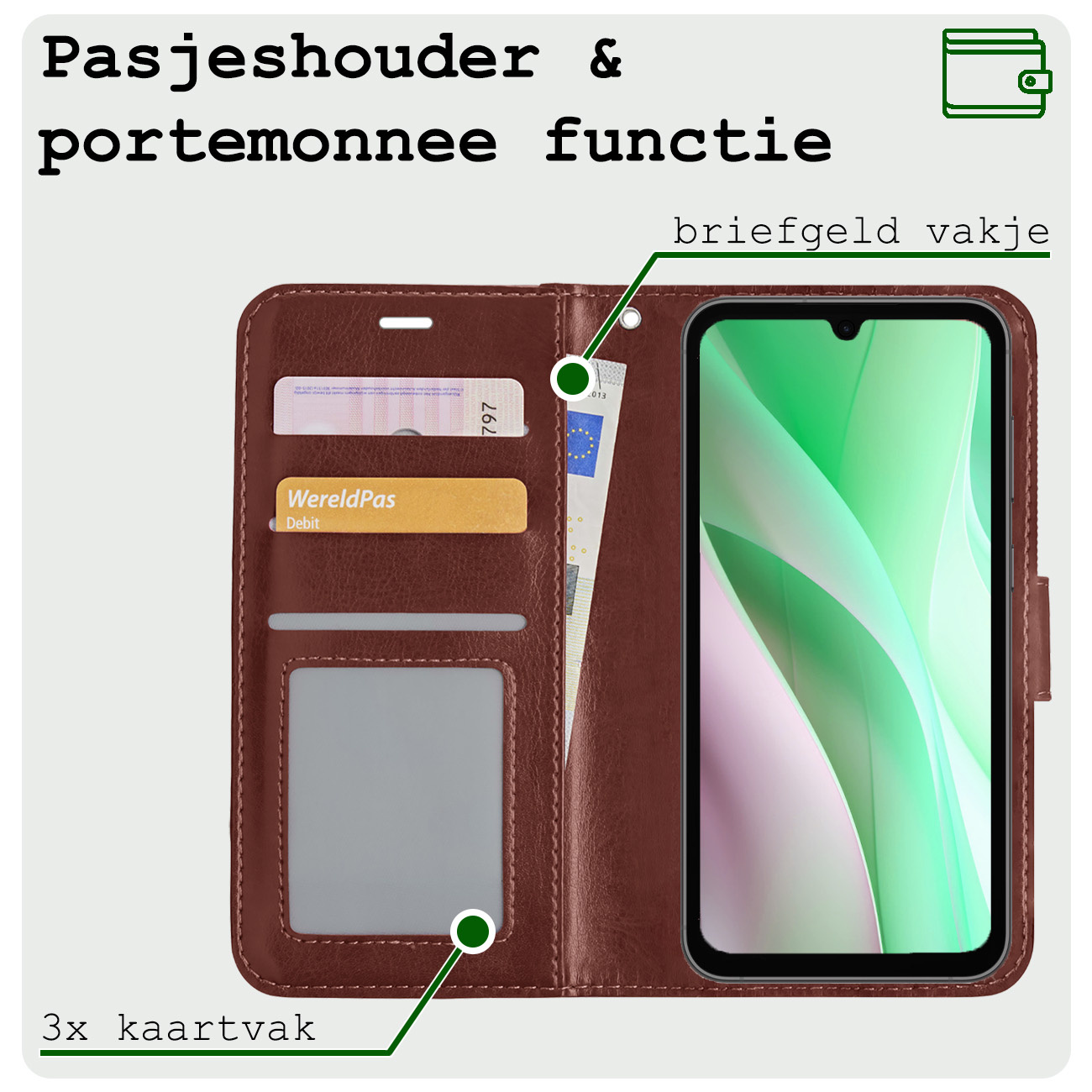 BASEY. Hoes Geschikt voor Samsung A15 Hoesje Bookcase Hoes Flip Case Book Cover Met Screenprotector - Hoesje Geschikt voor Samsung Galaxy A15 Hoes Book Case Hoesje - Bruin