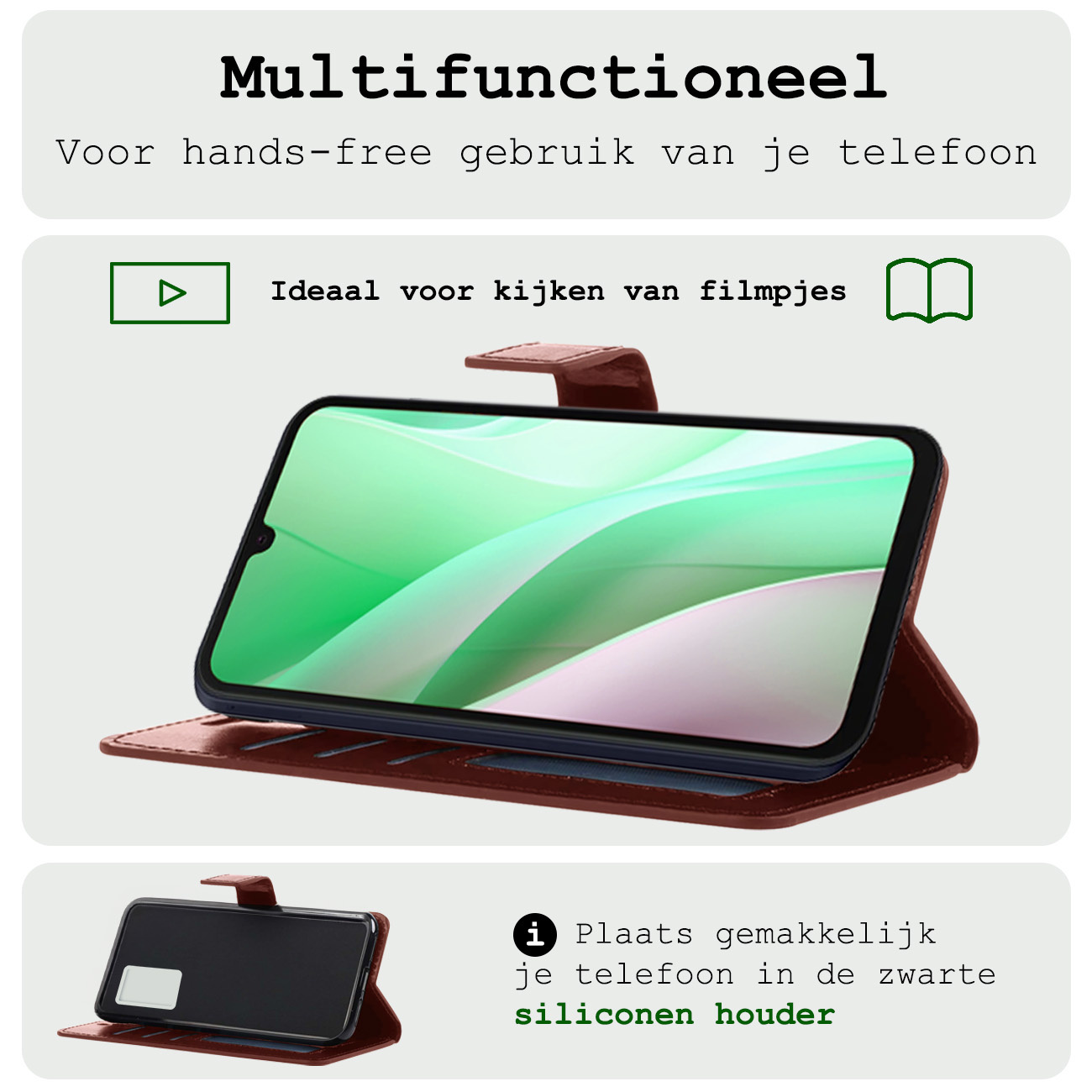 BASEY. Hoes Geschikt voor Samsung A15 Hoesje Bookcase Hoes Flip Case Book Cover Met Screenprotector - Hoesje Geschikt voor Samsung Galaxy A15 Hoes Book Case Hoesje - Bruin