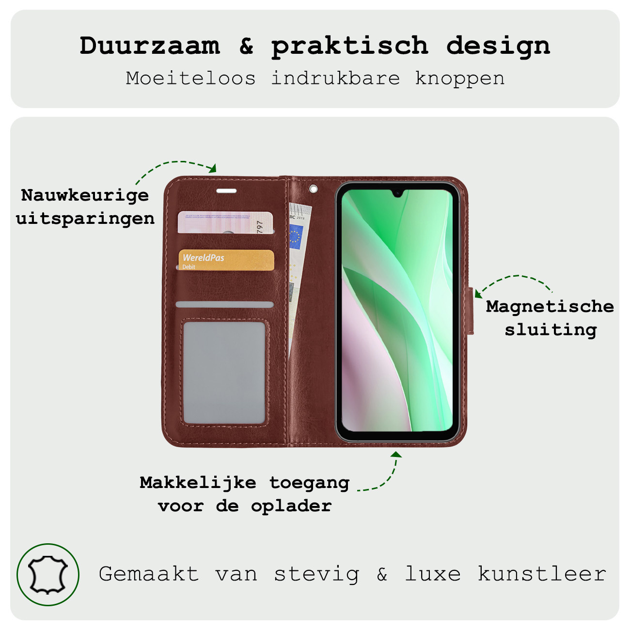 BASEY. Hoes Geschikt voor Samsung A15 Hoesje Bookcase Hoes Flip Case Book Cover Met Screenprotector - Hoesje Geschikt voor Samsung Galaxy A15 Hoes Book Case Hoesje - Bruin