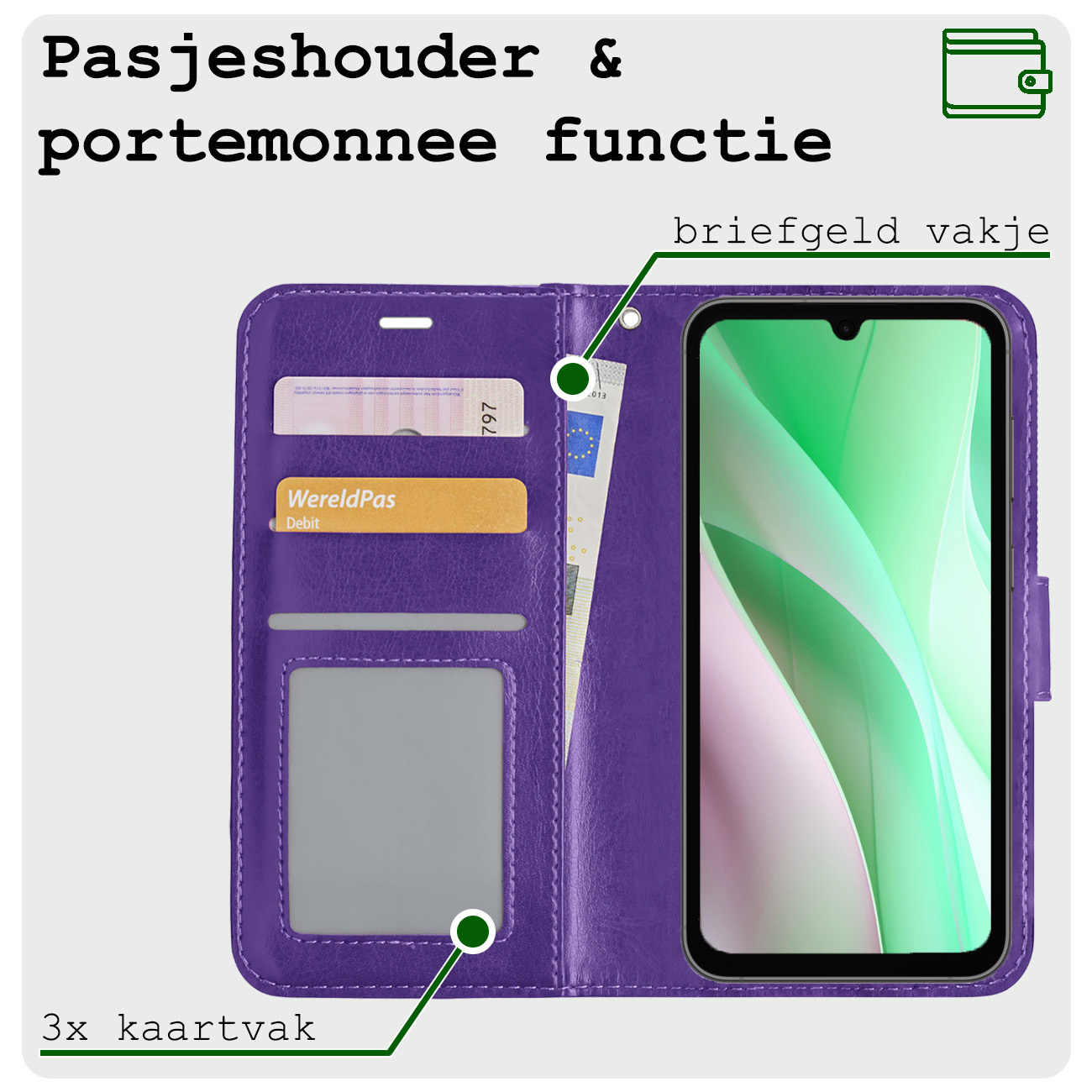 BASEY. Hoes Geschikt voor Samsung A15 Hoesje Bookcase Hoes Flip Case Book Cover Met Screenprotector - Hoesje Geschikt voor Samsung Galaxy A15 Hoes Book Case Hoesje - Paars