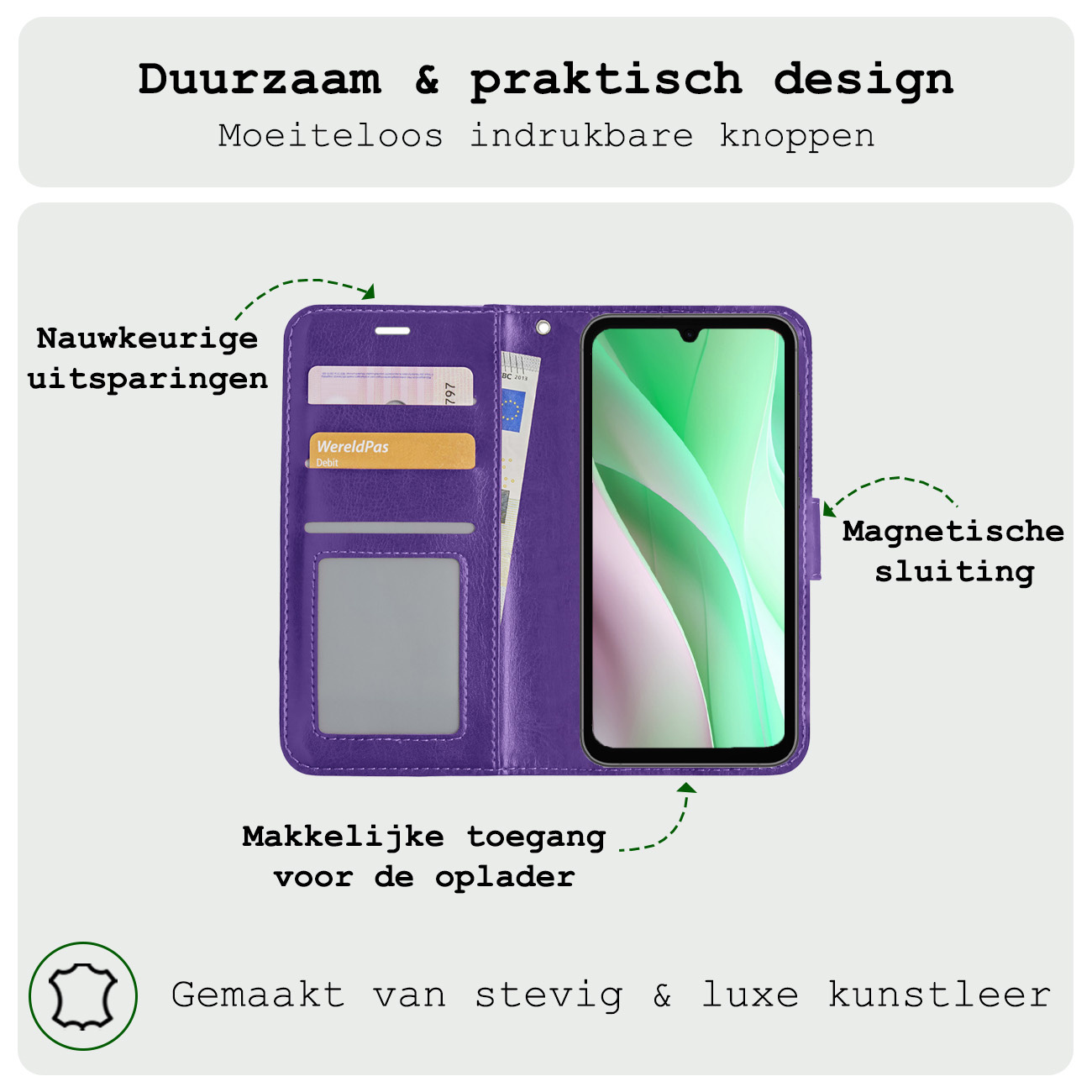 BASEY. Hoes Geschikt voor Samsung A15 Hoesje Bookcase Hoes Flip Case Book Cover Met Screenprotector - Hoesje Geschikt voor Samsung Galaxy A15 Hoes Book Case Hoesje - Paars