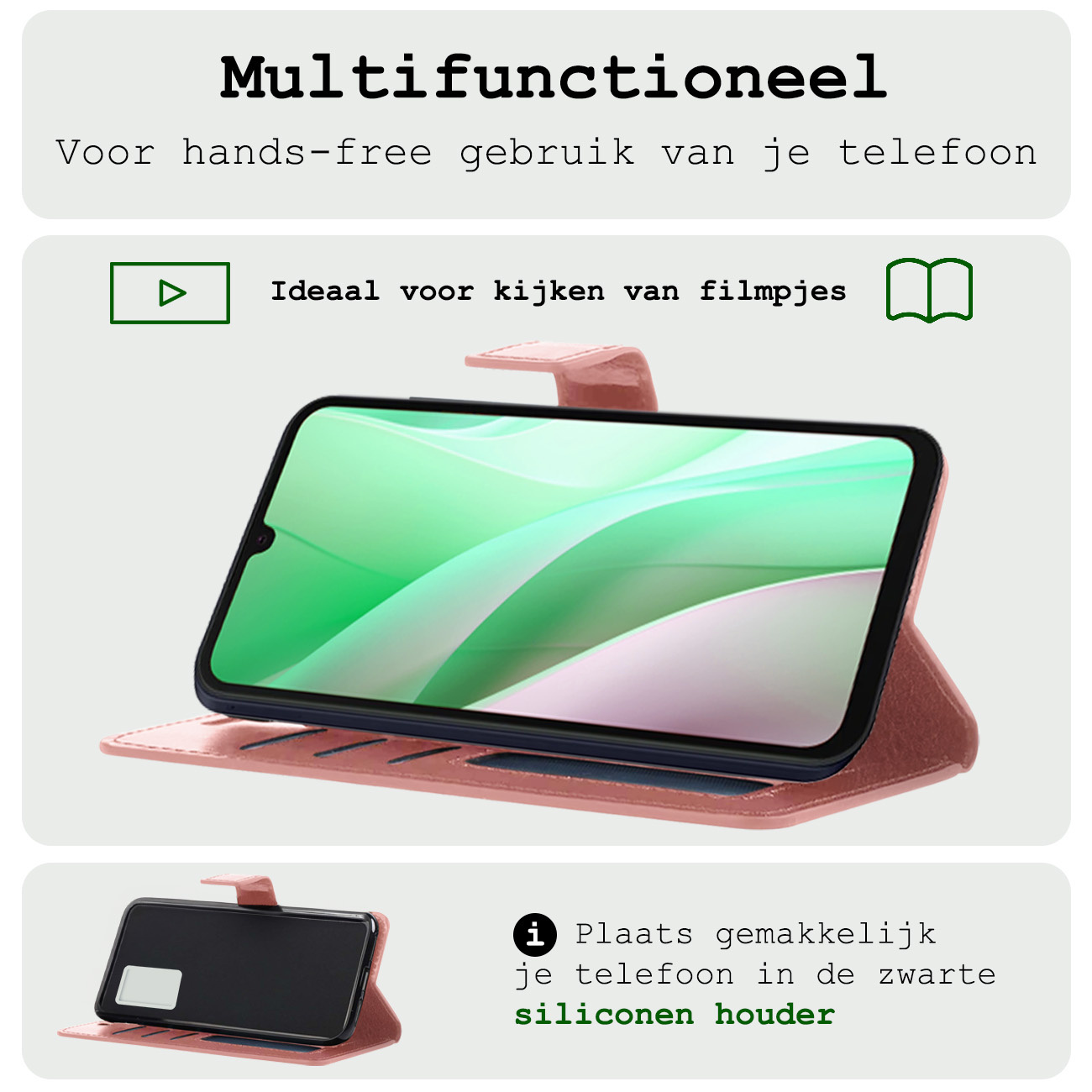 BASEY. Hoes Geschikt voor Samsung A15 Hoesje Bookcase Hoes Flip Case Book Cover Met Screenprotector - Hoesje Geschikt voor Samsung Galaxy A15 Hoes Book Case Hoesje - Rosé goud