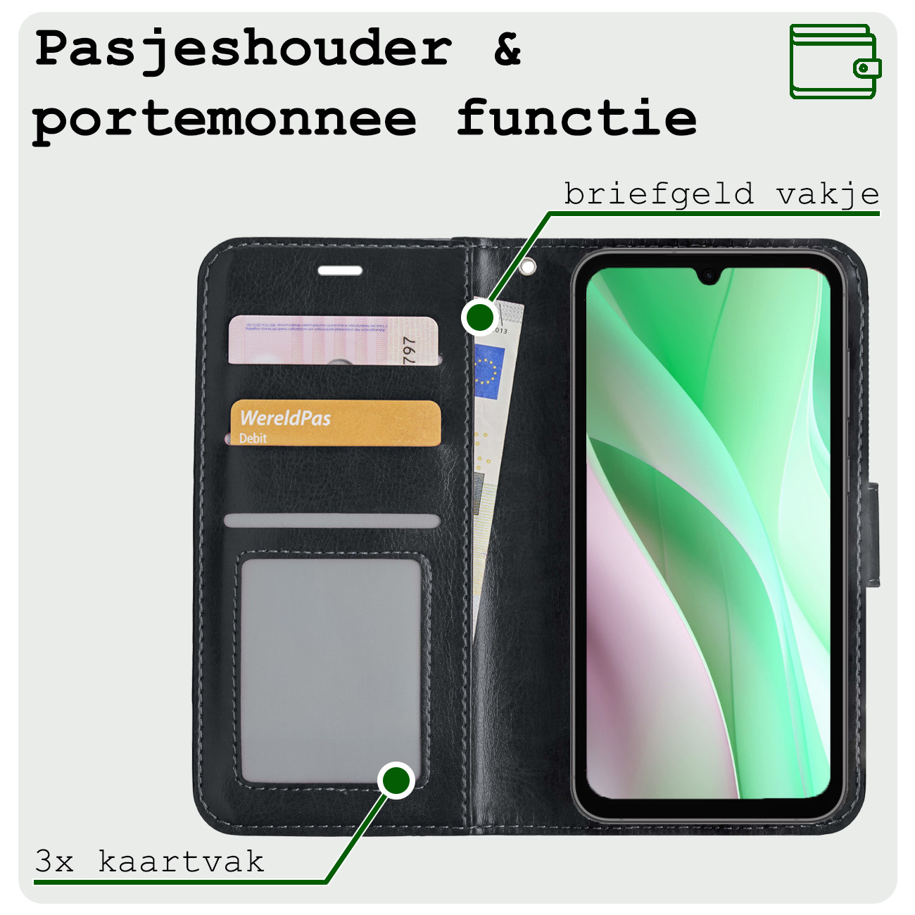 BASEY. Hoes Geschikt voor Samsung A15 Hoesje Bookcase Hoes Flip Case Book Cover Met Screenprotector - Hoesje Geschikt voor Samsung Galaxy A15 Hoes Book Case Hoesje - Zwart