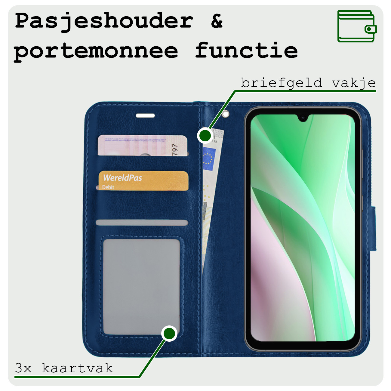 BASEY. Hoes Geschikt voor Samsung A15 Hoesje Bookcase Hoes Flip Case Book Cover Met 2x Screenprotector - Hoesje Geschikt voor Samsung Galaxy A15 Hoes Book Case Hoesje - Donkerblauw