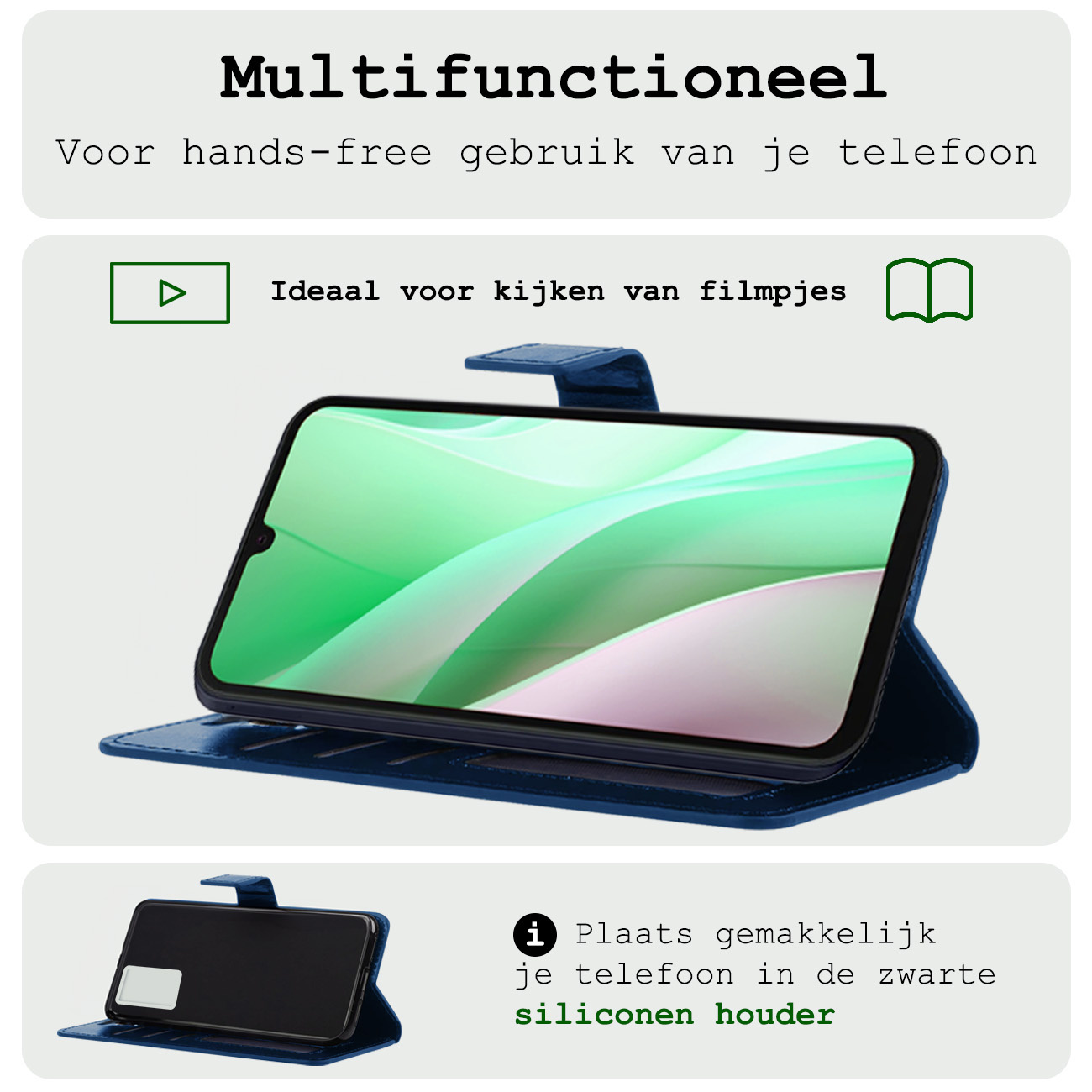 BASEY. Hoes Geschikt voor Samsung A15 Hoesje Bookcase Hoes Flip Case Book Cover Met 2x Screenprotector - Hoesje Geschikt voor Samsung Galaxy A15 Hoes Book Case Hoesje - Donkerblauw