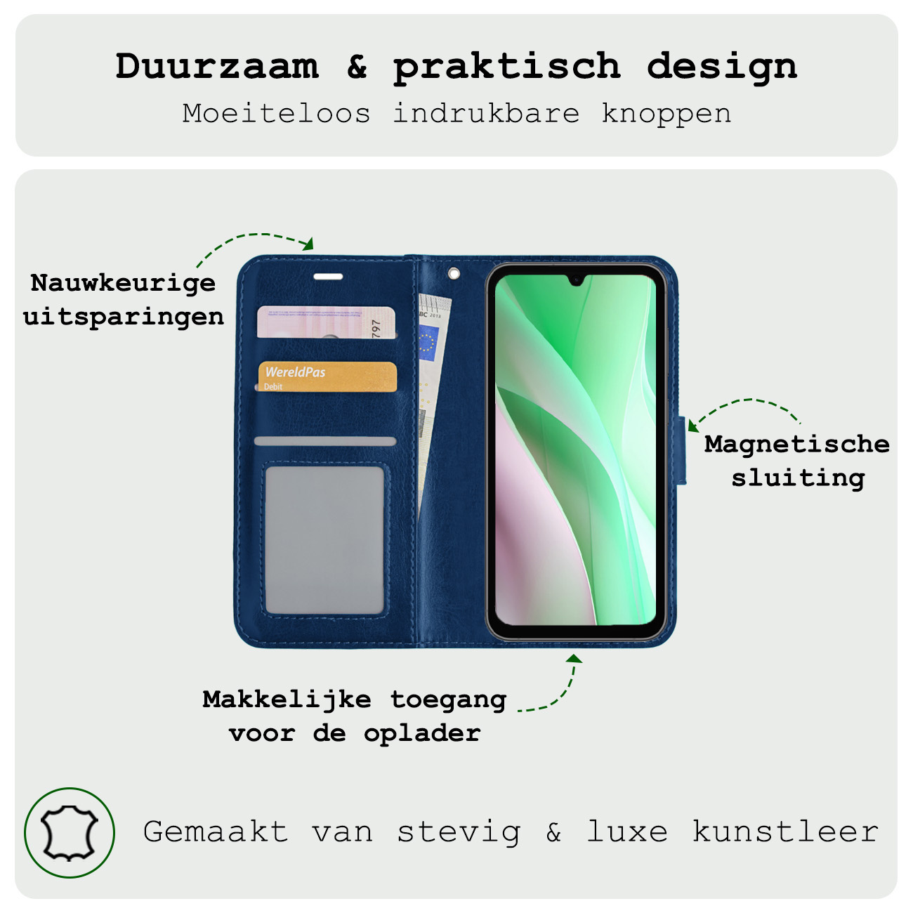 BASEY. Hoes Geschikt voor Samsung A15 Hoesje Bookcase Hoes Flip Case Book Cover Met 2x Screenprotector - Hoesje Geschikt voor Samsung Galaxy A15 Hoes Book Case Hoesje - Donkerblauw