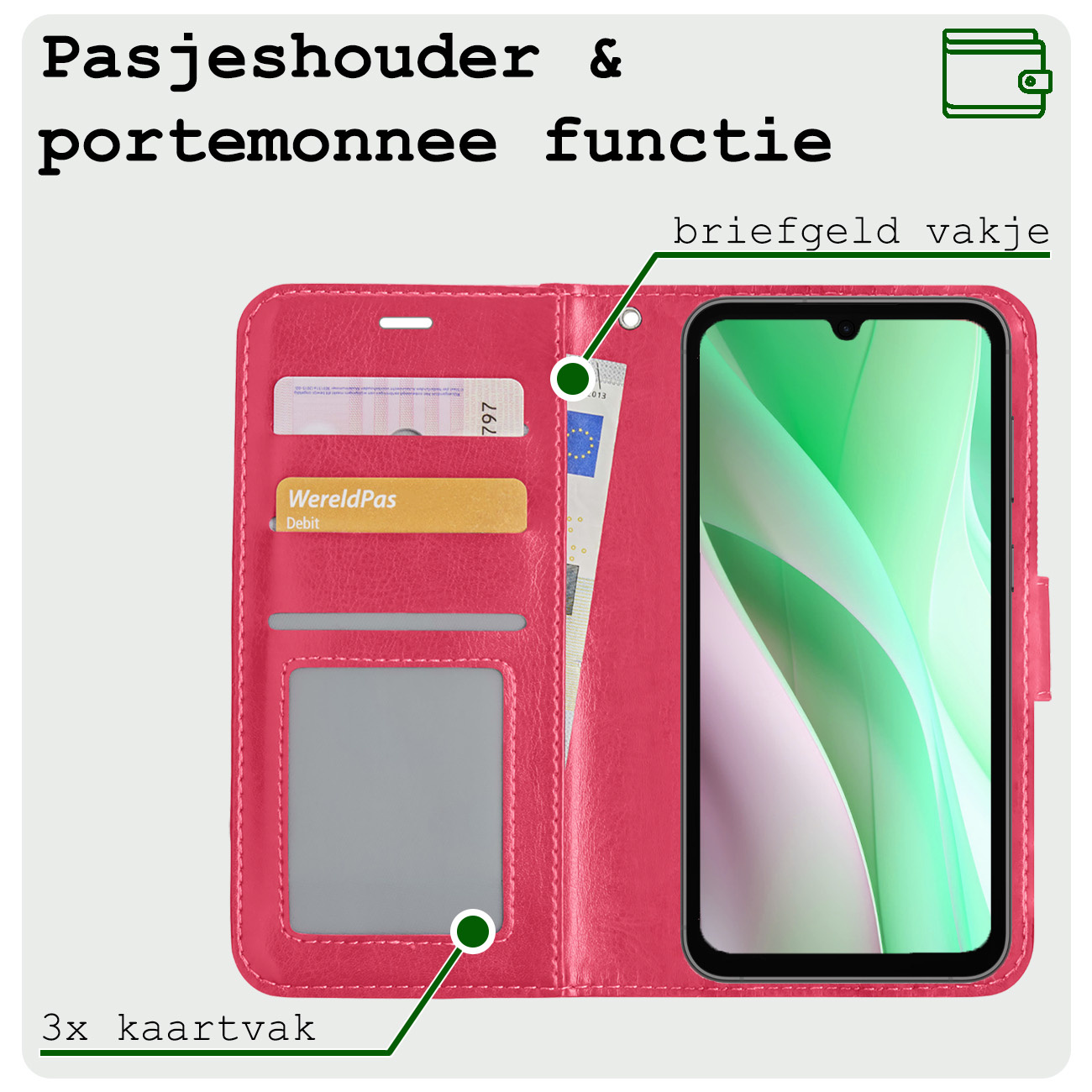 BASEY. Hoes Geschikt voor Samsung A15 Hoesje Bookcase Hoes Flip Case Book Cover Met 2x Screenprotector - Hoesje Geschikt voor Samsung Galaxy A15 Hoes Book Case Hoesje - Donkerroze