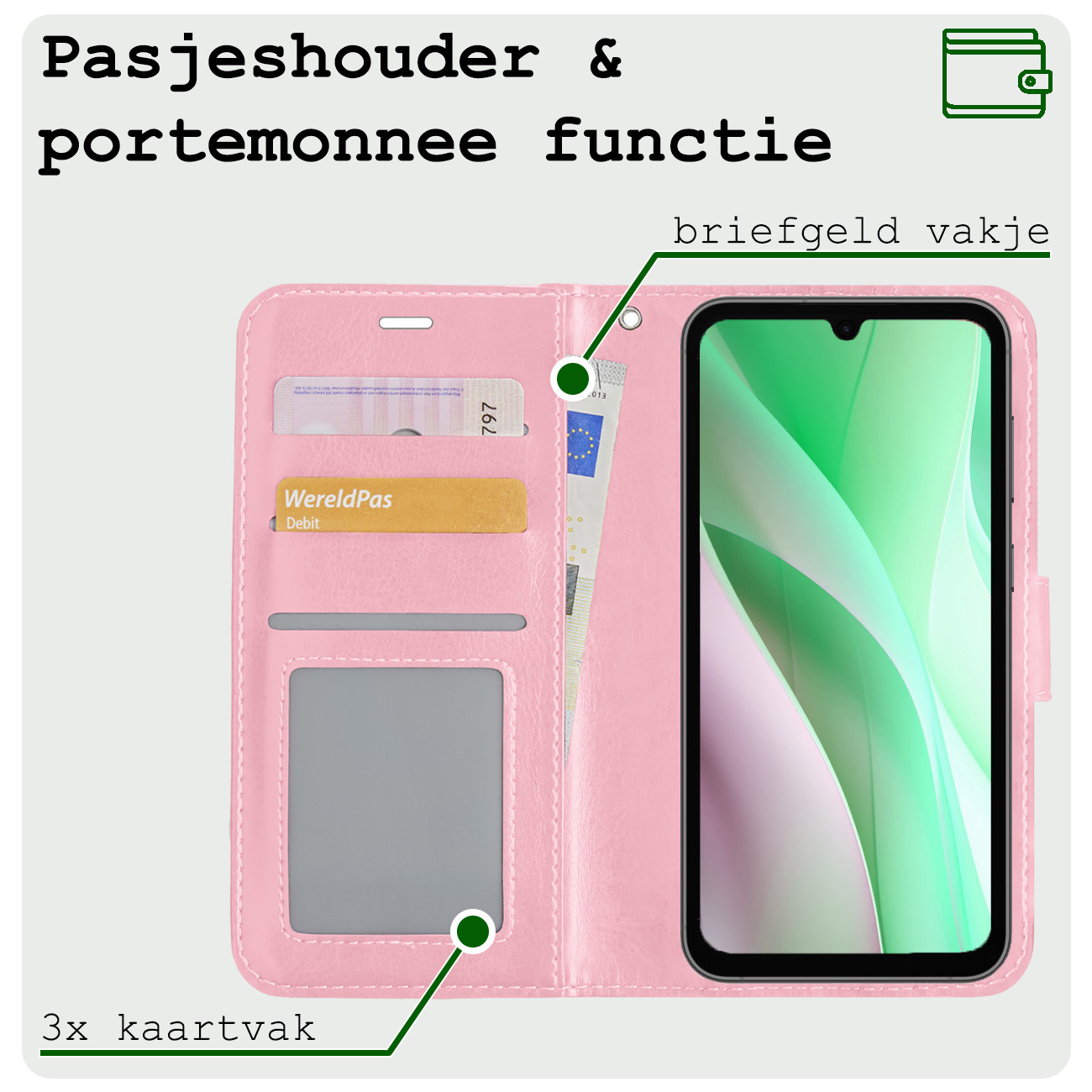 BASEY. Hoes Geschikt voor Samsung A15 Hoesje Bookcase Hoes Flip Case Book Cover Met 2x Screenprotector - Hoesje Geschikt voor Samsung Galaxy A15 Hoes Book Case Hoesje - Lichtroze