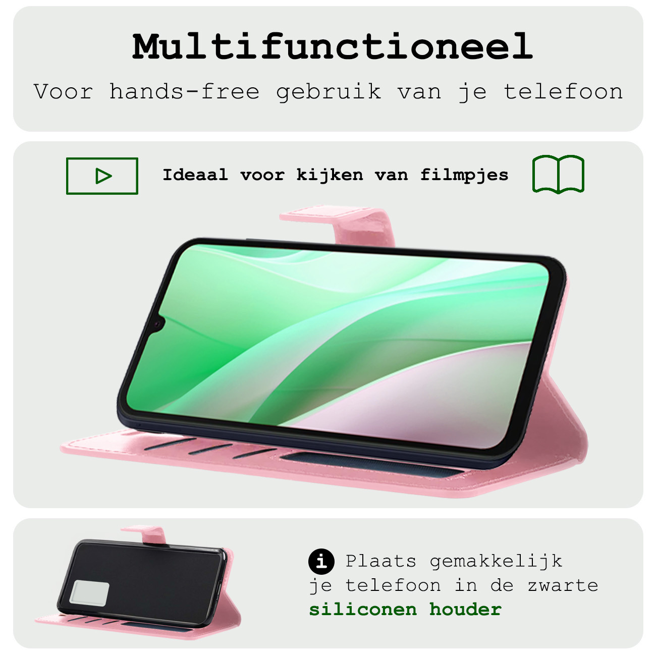 BASEY. Hoes Geschikt voor Samsung A15 Hoesje Bookcase Hoes Flip Case Book Cover Met 2x Screenprotector - Hoesje Geschikt voor Samsung Galaxy A15 Hoes Book Case Hoesje - Lichtroze