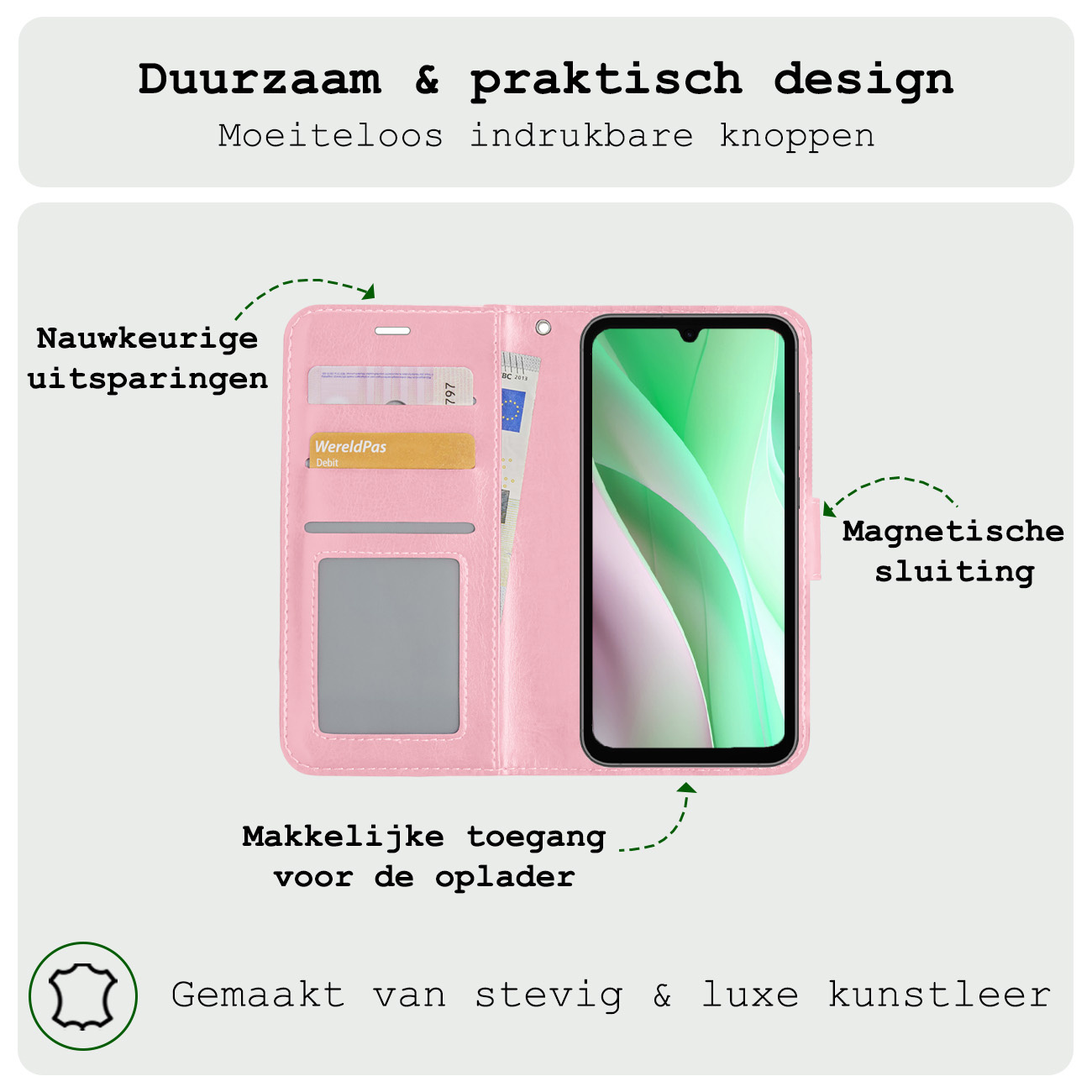 BASEY. Hoes Geschikt voor Samsung A15 Hoesje Bookcase Hoes Flip Case Book Cover Met 2x Screenprotector - Hoesje Geschikt voor Samsung Galaxy A15 Hoes Book Case Hoesje - Lichtroze