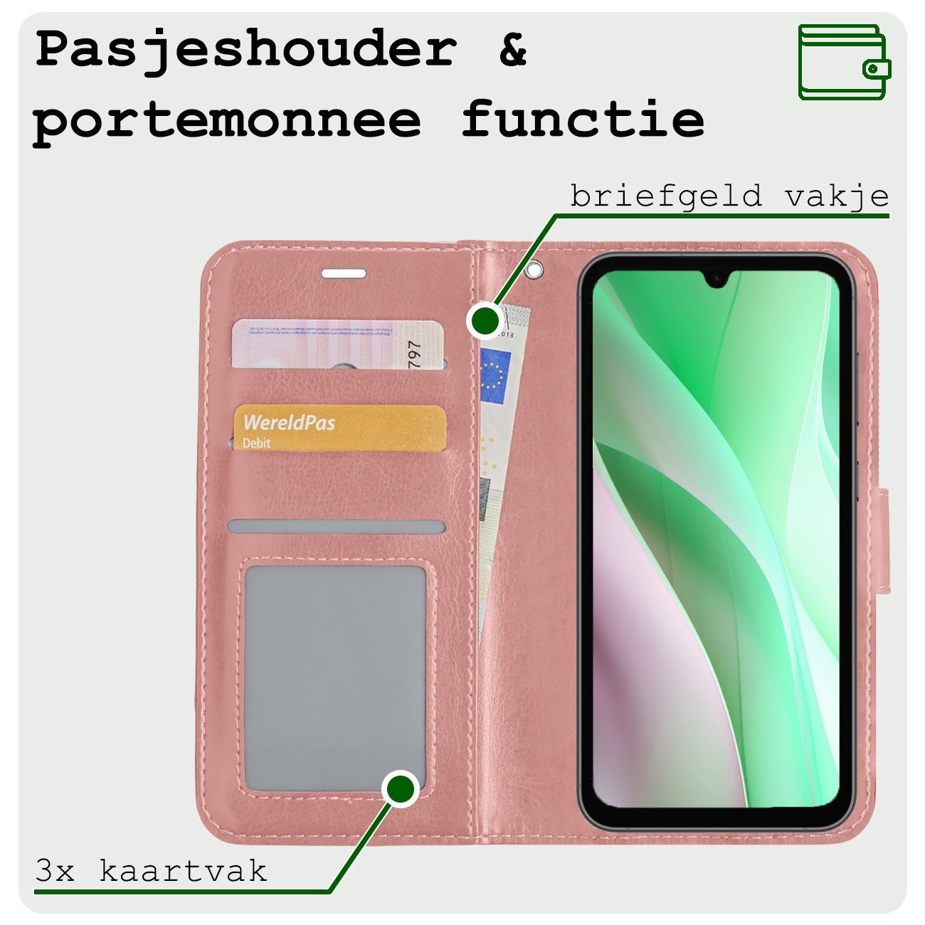 BASEY. Hoes Geschikt voor Samsung A15 Hoesje Bookcase Hoes Flip Case Book Cover Met 2x Screenprotector - Hoesje Geschikt voor Samsung Galaxy A15 Hoes Book Case Hoesje - Rosé goud