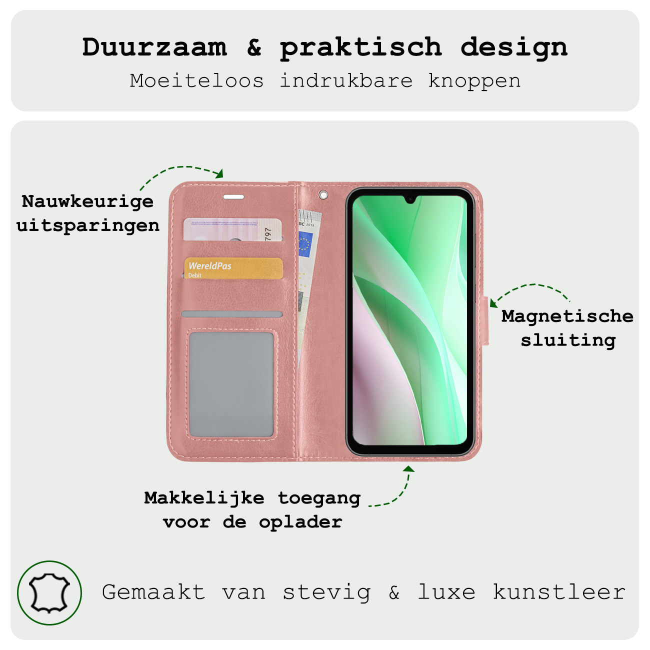 BASEY. Hoes Geschikt voor Samsung A15 Hoesje Bookcase Hoes Flip Case Book Cover Met 2x Screenprotector - Hoesje Geschikt voor Samsung Galaxy A15 Hoes Book Case Hoesje - Rosé goud