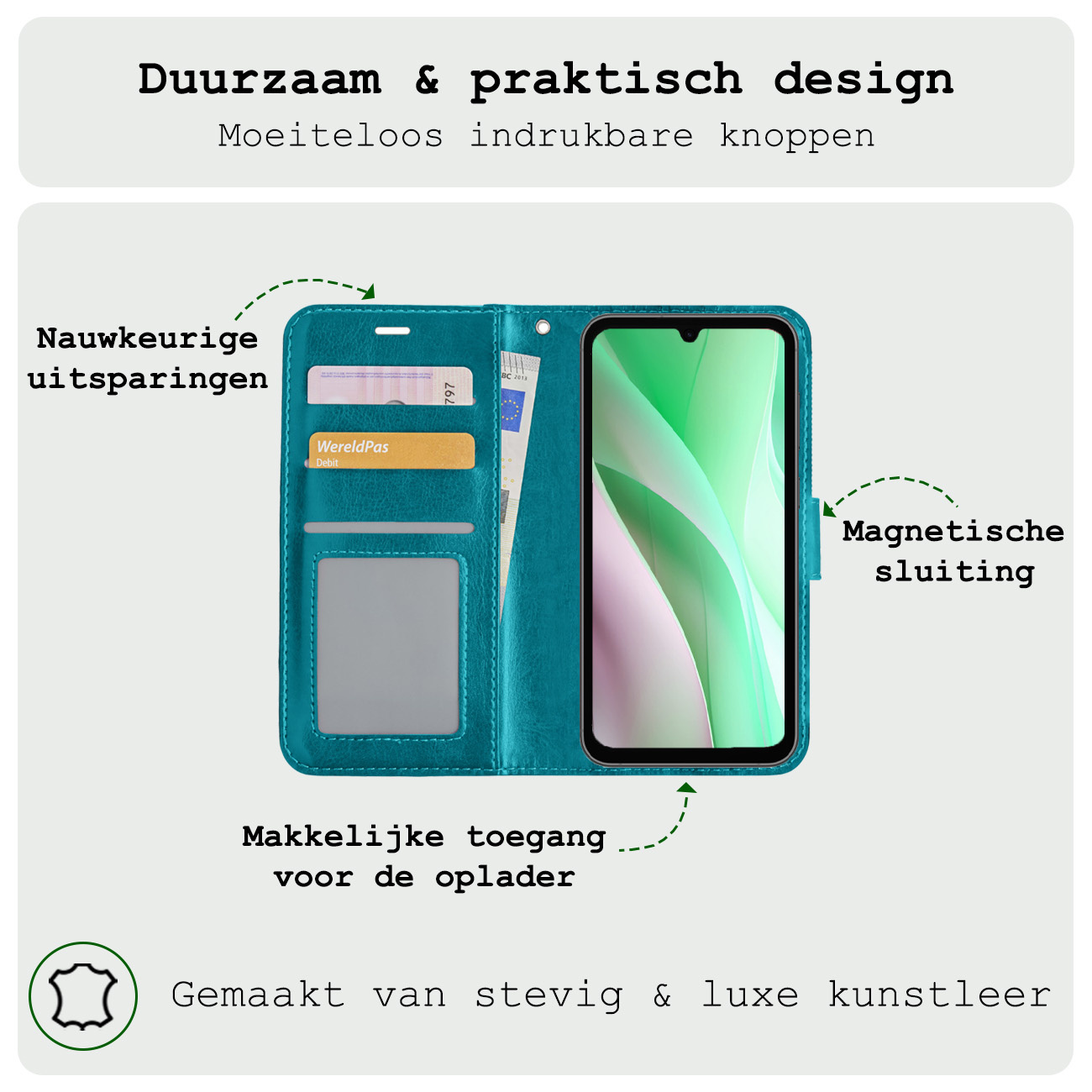 BASEY. Hoes Geschikt voor Samsung A15 Hoesje Bookcase Hoes Flip Case Book Cover Met 2x Screenprotector - Hoesje Geschikt voor Samsung Galaxy A15 Hoes Book Case Hoesje - Turquoise