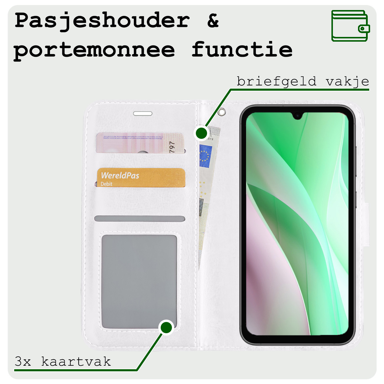 BASEY. Hoes Geschikt voor Samsung A15 Hoesje Bookcase Hoes Flip Case Book Cover Met 2x Screenprotector - Hoesje Geschikt voor Samsung Galaxy A15 Hoes Book Case Hoesje - Wit