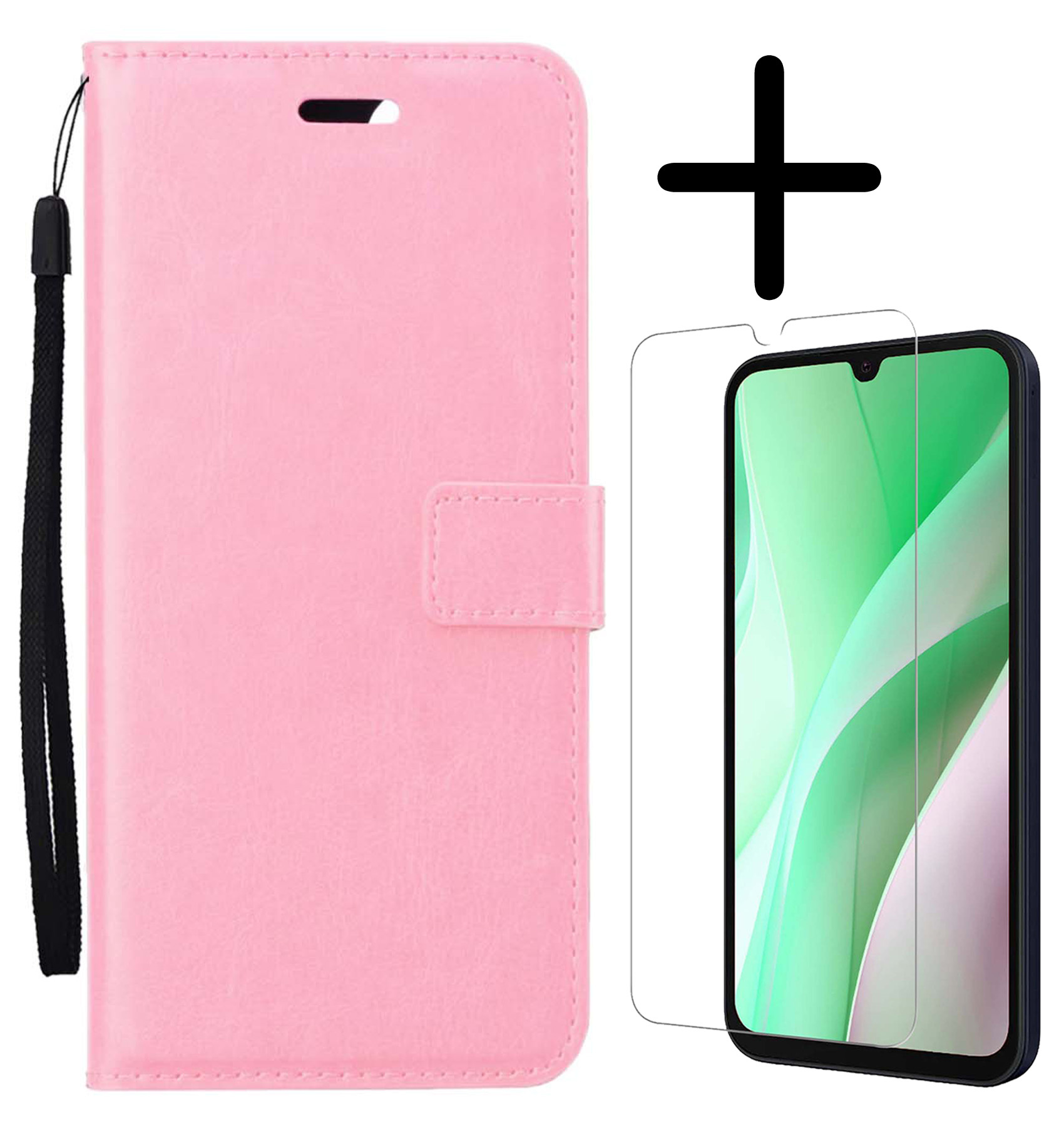 BASEY. Hoes Geschikt voor Samsung A15 Hoesje Bookcase Hoes Flip Case Book Cover Met Screenprotector - Hoesje Geschikt voor Samsung Galaxy A15 Hoes Book Case Hoesje - Lichtroze