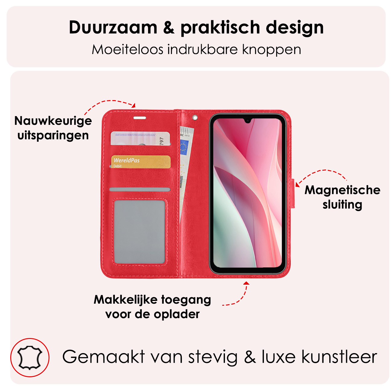 NoXx Hoes Geschikt voor Samsung A15 Hoesje Book Case Hoes Flip Cover Wallet Bookcase Met Screenprotector - Rood