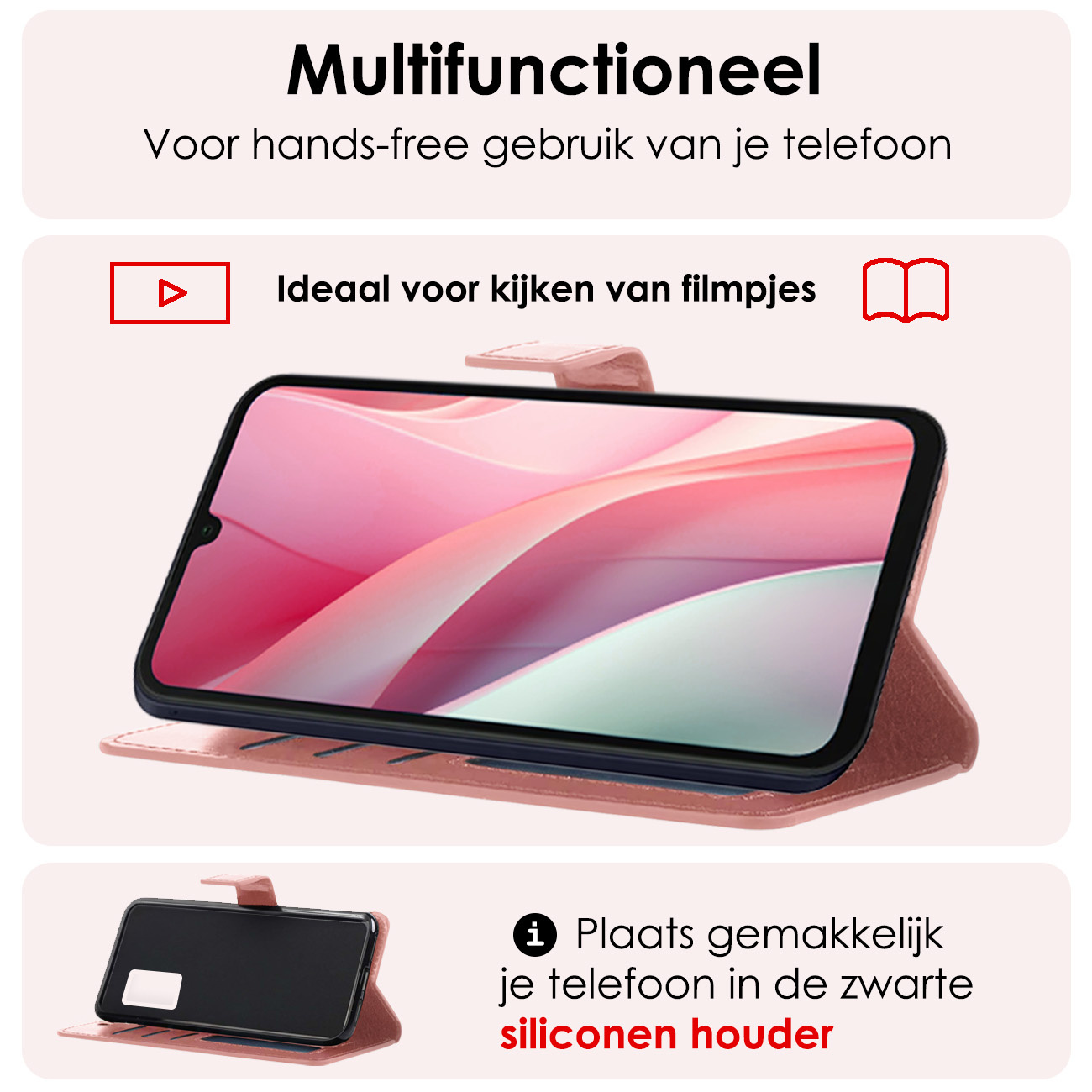 NoXx Hoes Geschikt voor Samsung A15 Hoesje Book Case Hoes Flip Cover Wallet Bookcase Met Screenprotector - Rosé goud