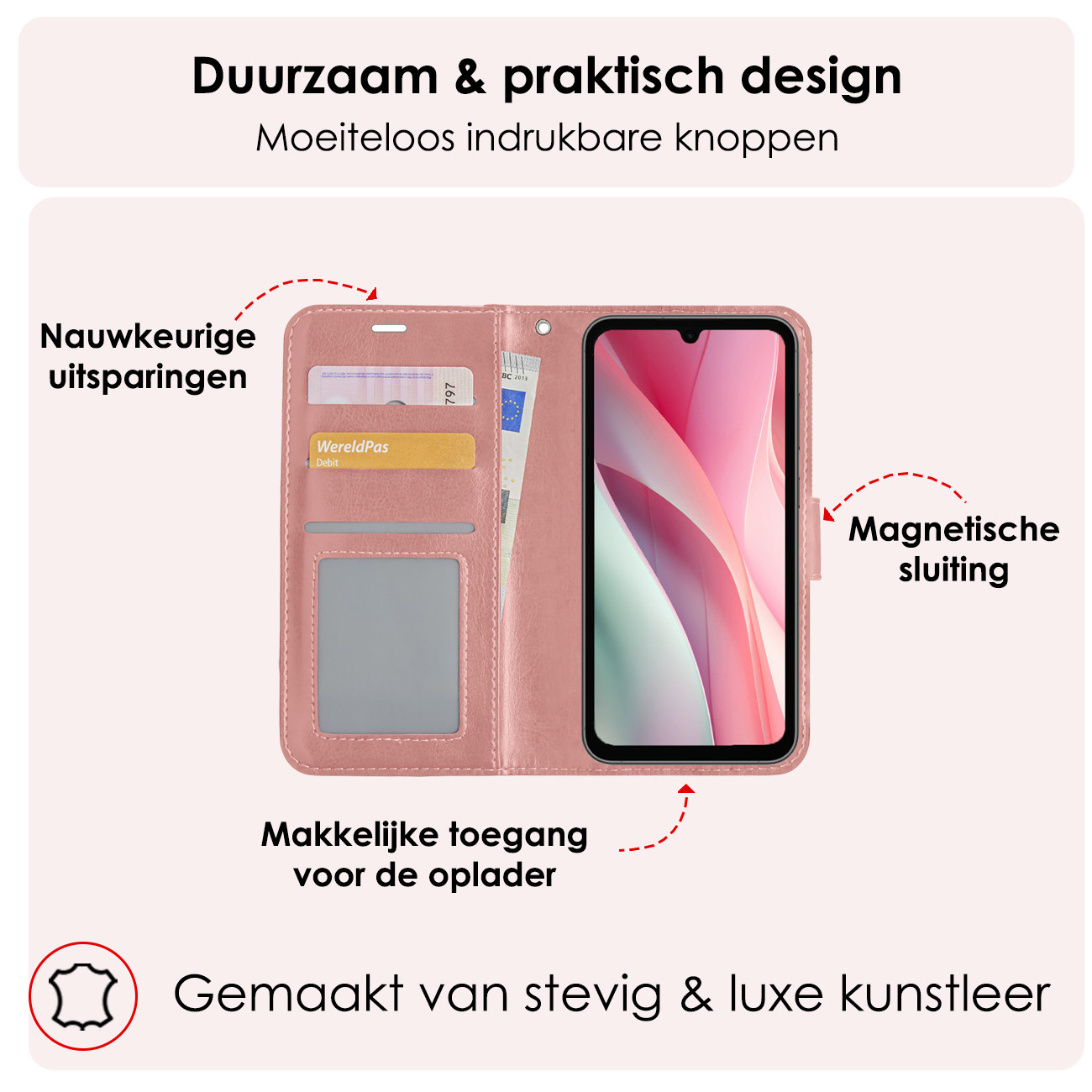 NoXx Hoes Geschikt voor Samsung A15 Hoesje Book Case Hoes Flip Cover Wallet Bookcase Met Screenprotector - Rosé goud