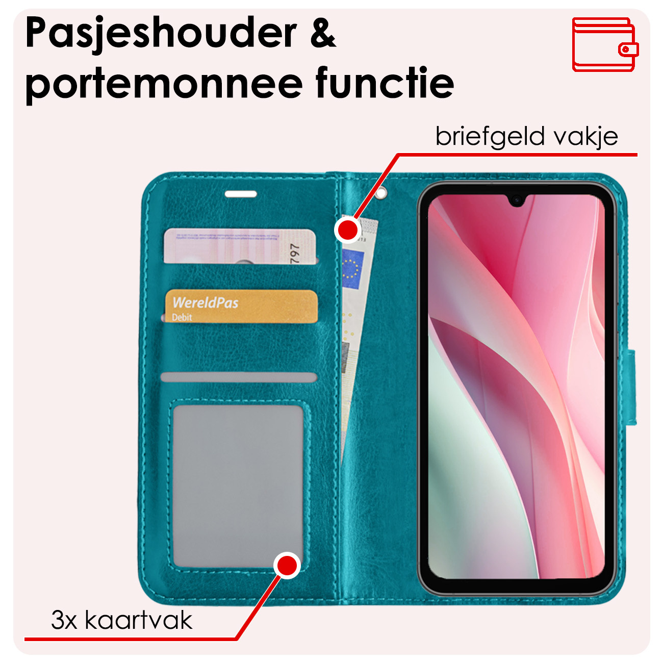 NoXx Hoes Geschikt voor Samsung A15 Hoesje Book Case Hoes Flip Cover Wallet Bookcase Met Screenprotector - Turquoise