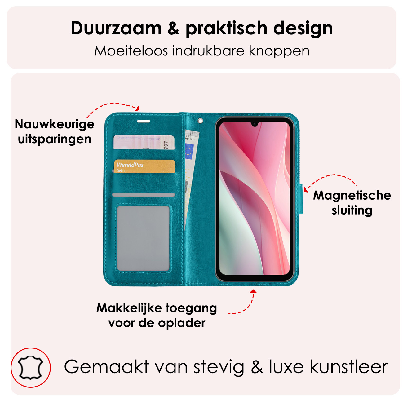 NoXx Hoes Geschikt voor Samsung A15 Hoesje Book Case Hoes Flip Cover Wallet Bookcase Met Screenprotector - Turquoise