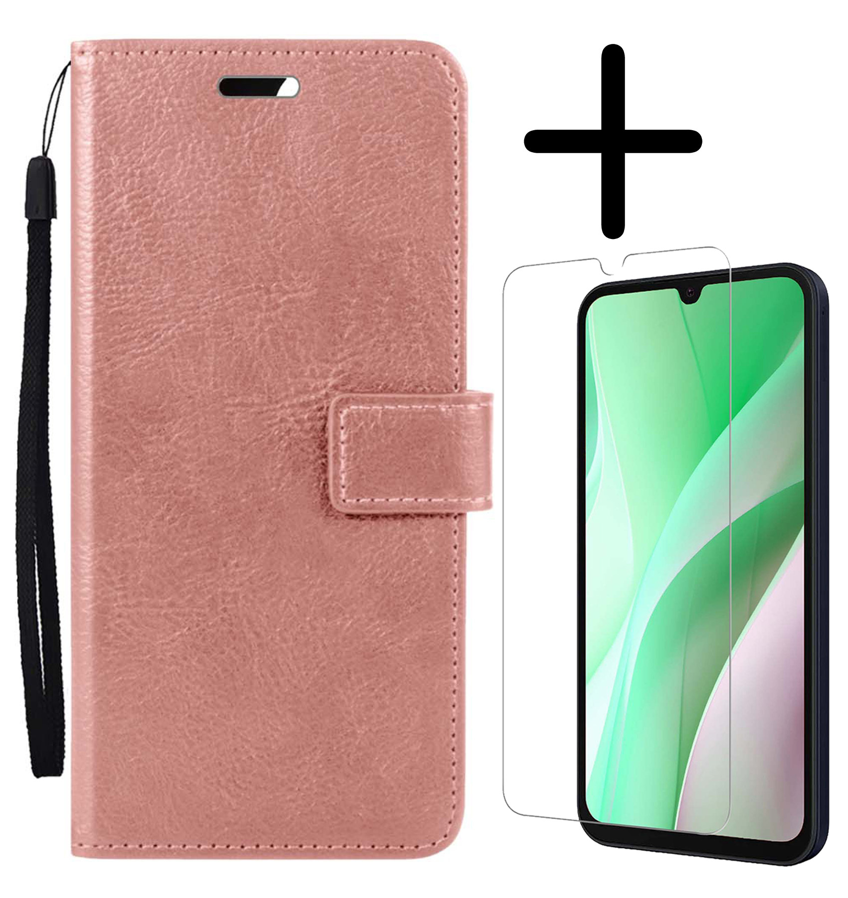 BASEY. Hoes Geschikt voor Samsung A15 Hoesje Bookcase Hoes Flip Case Book Cover Met Screenprotector - Hoesje Geschikt voor Samsung Galaxy A15 Hoes Book Case Hoesje - Rosé goud