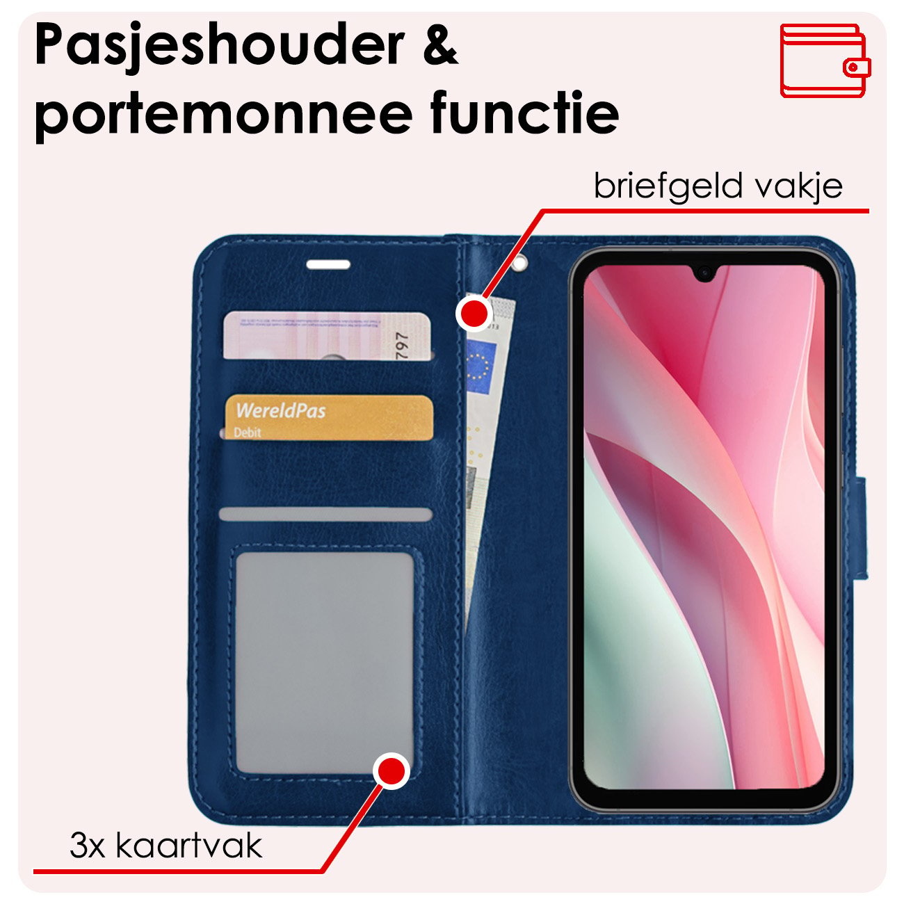 NoXx Hoes Geschikt voor Samsung A15 Hoesje Book Case Hoes Flip Cover Wallet Bookcase Met 2x Screenprotector - Donkerblauw