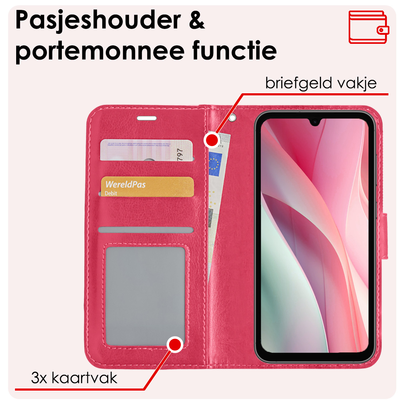 NoXx Hoes Geschikt voor Samsung A15 Hoesje Book Case Hoes Flip Cover Wallet Bookcase Met 2x Screenprotector - Donkerroze