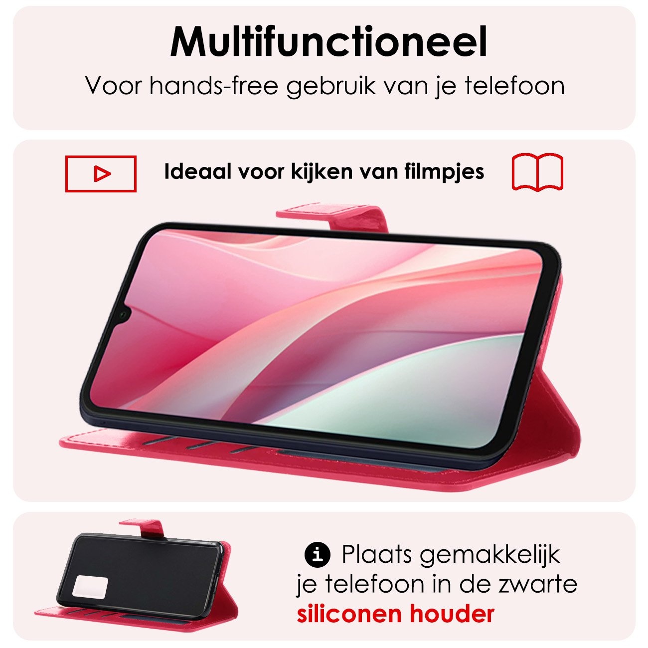 NoXx Hoes Geschikt voor Samsung A15 Hoesje Book Case Hoes Flip Cover Wallet Bookcase Met 2x Screenprotector - Donkerroze